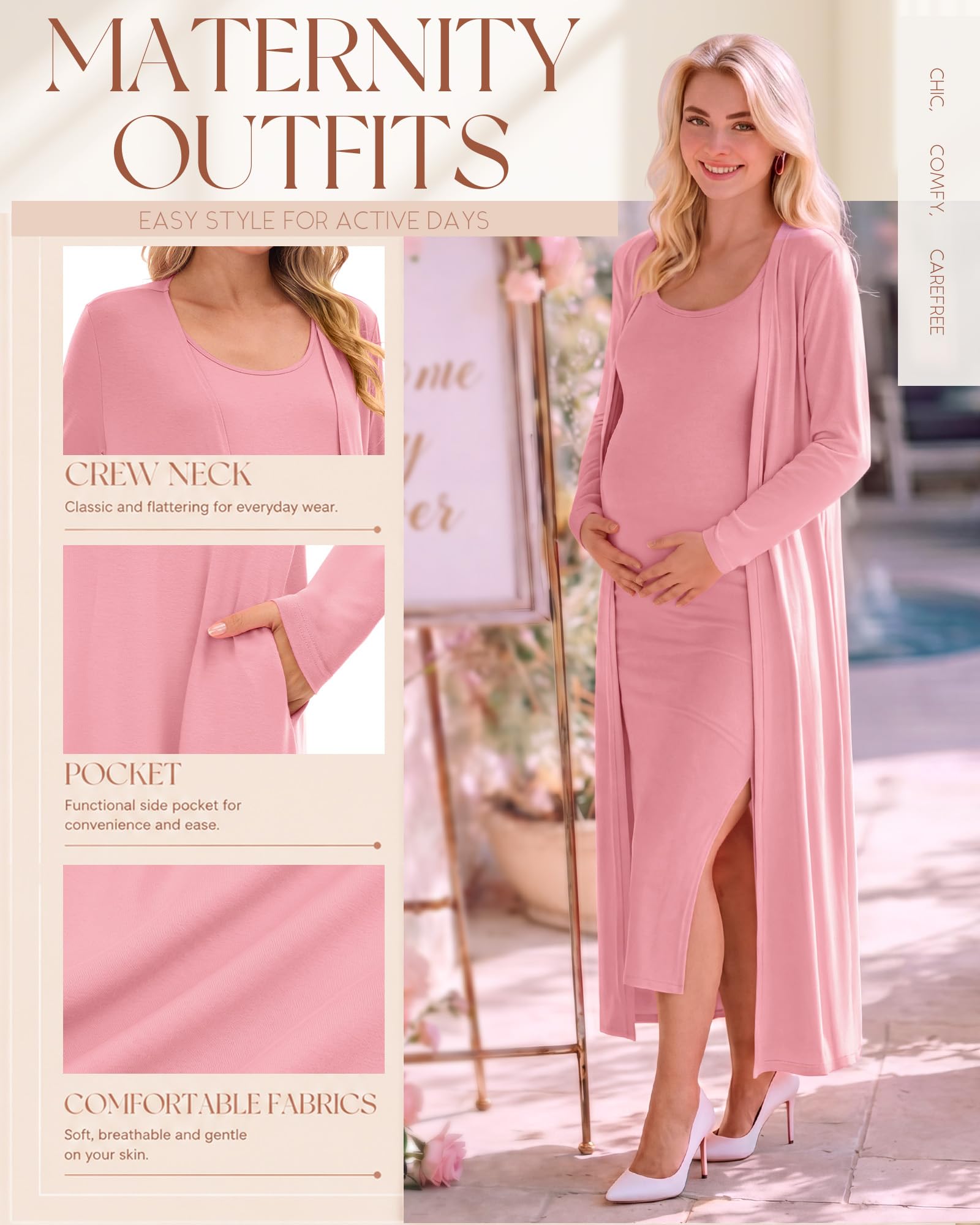 Huukeay 2 Piece Women Maternity Dress Cardigan Set, Pink, Small