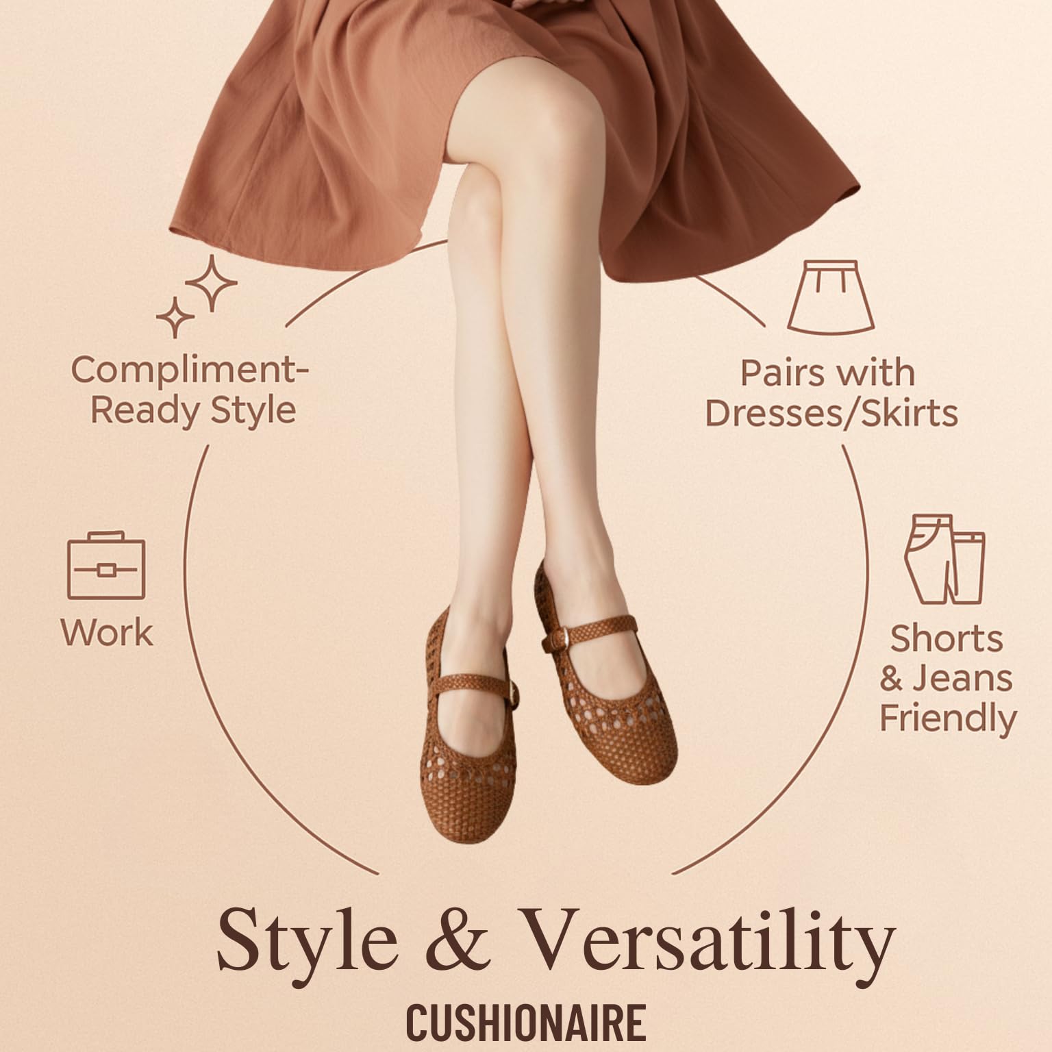CUSHIONAIRE Windsor Woven Womens Flats with Adjustable Strap – Comfortable Mary Jane Ballet Flats for Women, Cognac 6