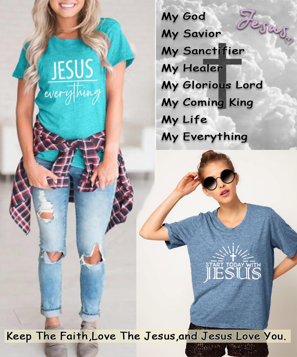 Start Today with Jesus T-Shirt for Women Christian Graphic Top,Ink Blue,XXL