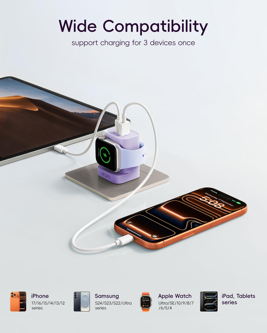 VRURC Charger for iPhone & Apple Watch, 20W USB C Fast Charging Block, 3-in-1 Compact Travel Adapter with 2 Port for iPhone 17/16/15/14/13, Wireless Magnetic for iWatch SE/11/10/9/8/7/6/5/4-Purple
