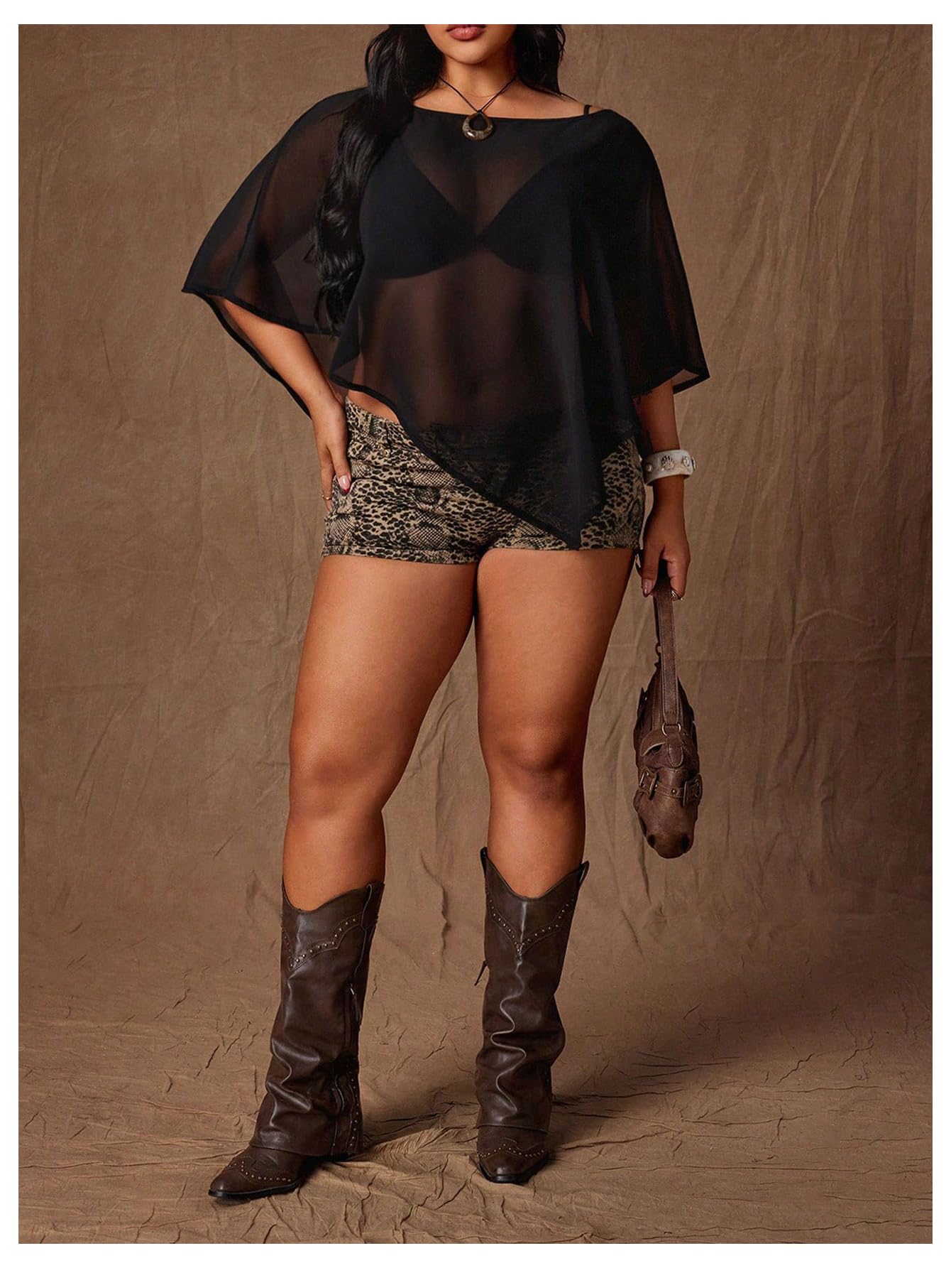 WDIRARA Women's Plus Size Mesh Sheer Poncho Tops Boat Neck See Through Asymmetrical Tee Shirts Black XX-Large Plus