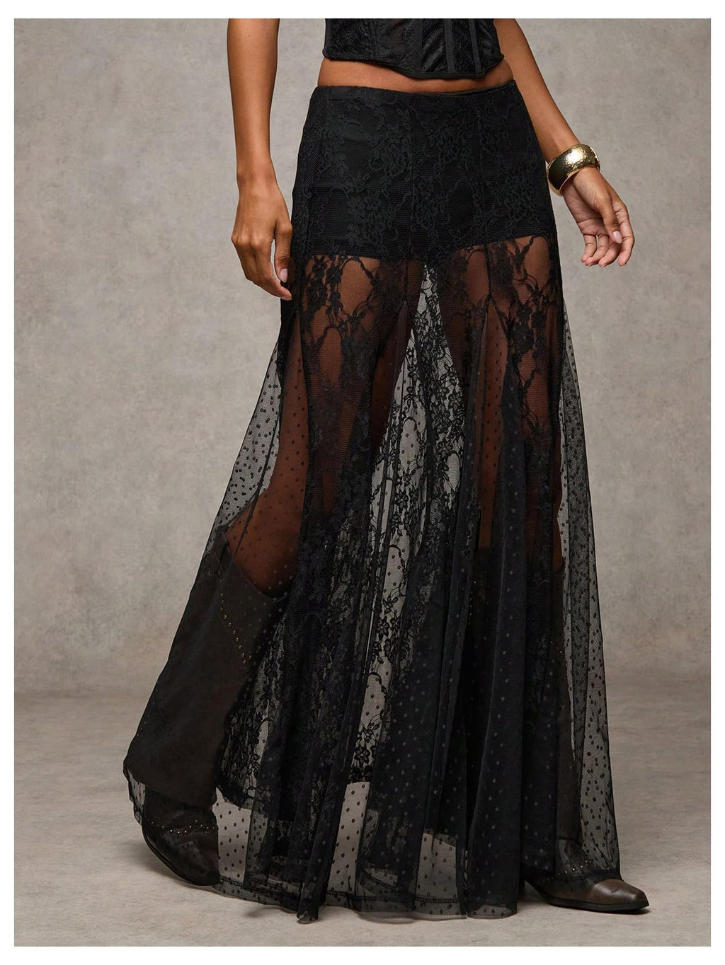 WDIRARA Women's Sexy See Through Sheer Lace Maxi Skirt Low Waist Ruffle Hem A Line Flowy Skirt Black Large