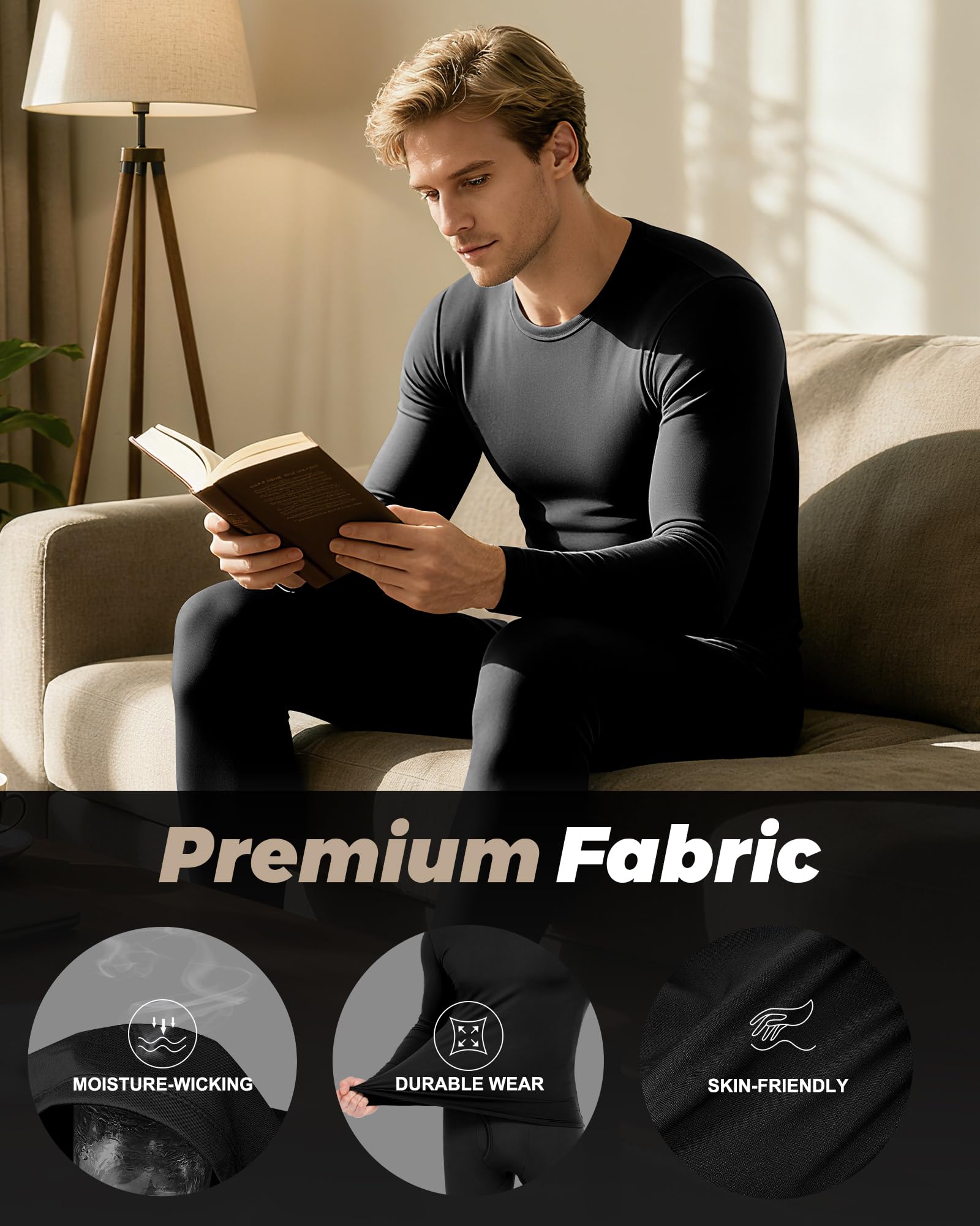 WEERTI Thermal Underwear for Men Long Johns with Fleece Lined Base Layer Men Cold Weather Top Bottom Black
