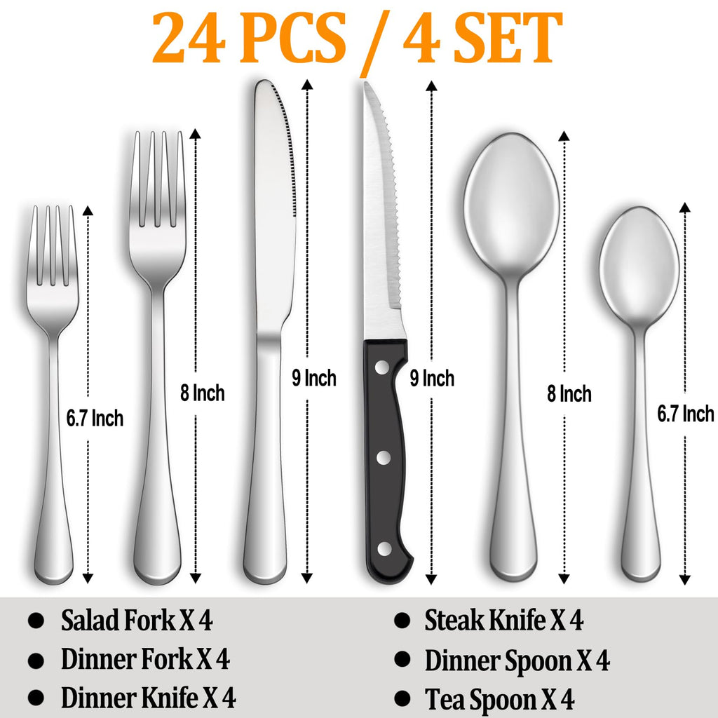 MUTNITT Silverware Set with Steak Knives Service for 4,Stainless Steel Flatware, Mirror Polished Cutlery Utensil Set for Home Kitchen Eating Tableware, Include Fork Knife Spoon, Dishwasher Safe