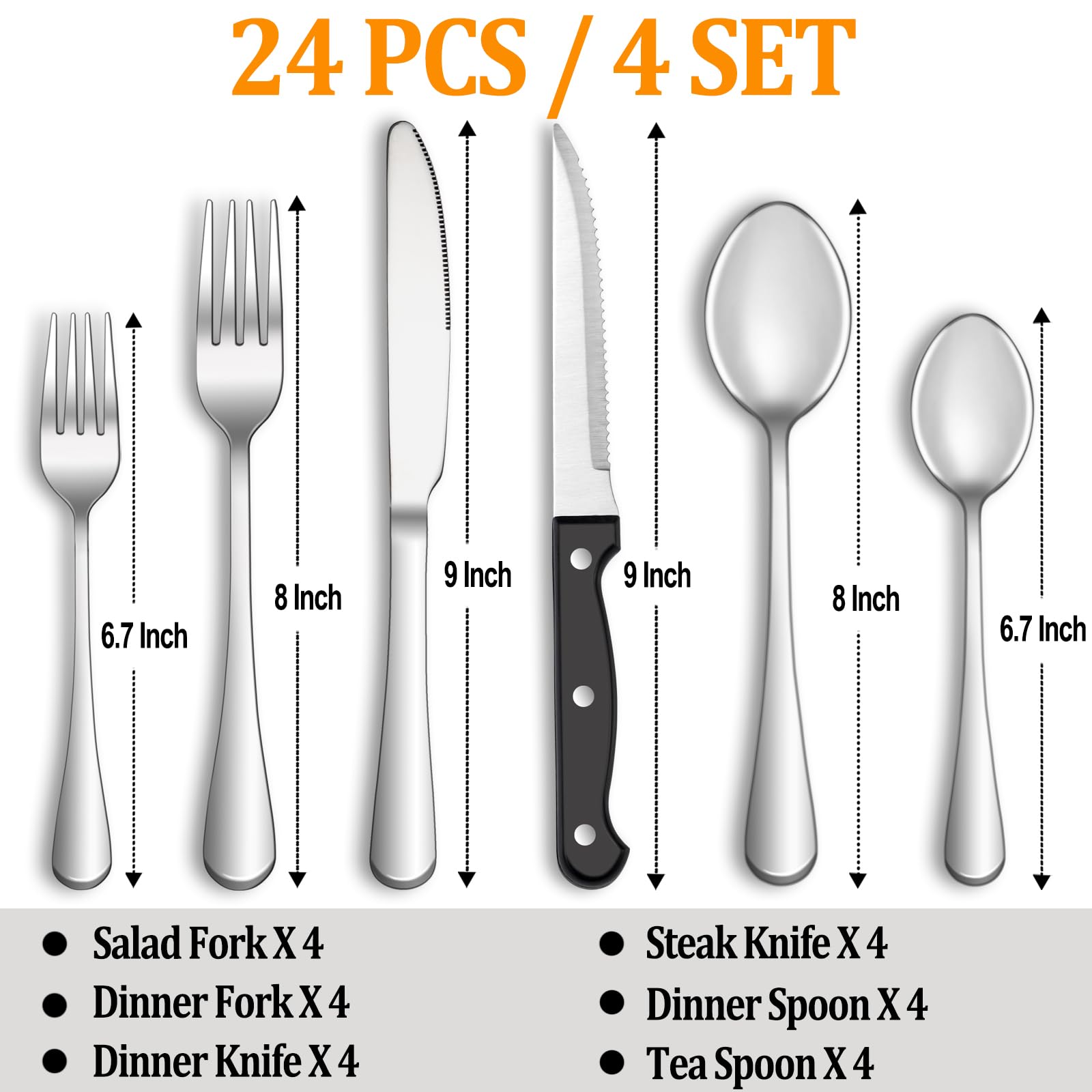MUTNITT Silverware Set with Steak Knives Service for 4,Stainless Steel Flatware, Mirror Polished Cutlery Utensil Set for Home Kitchen Eating Tableware, Include Fork Knife Spoon, Dishwasher Safe
