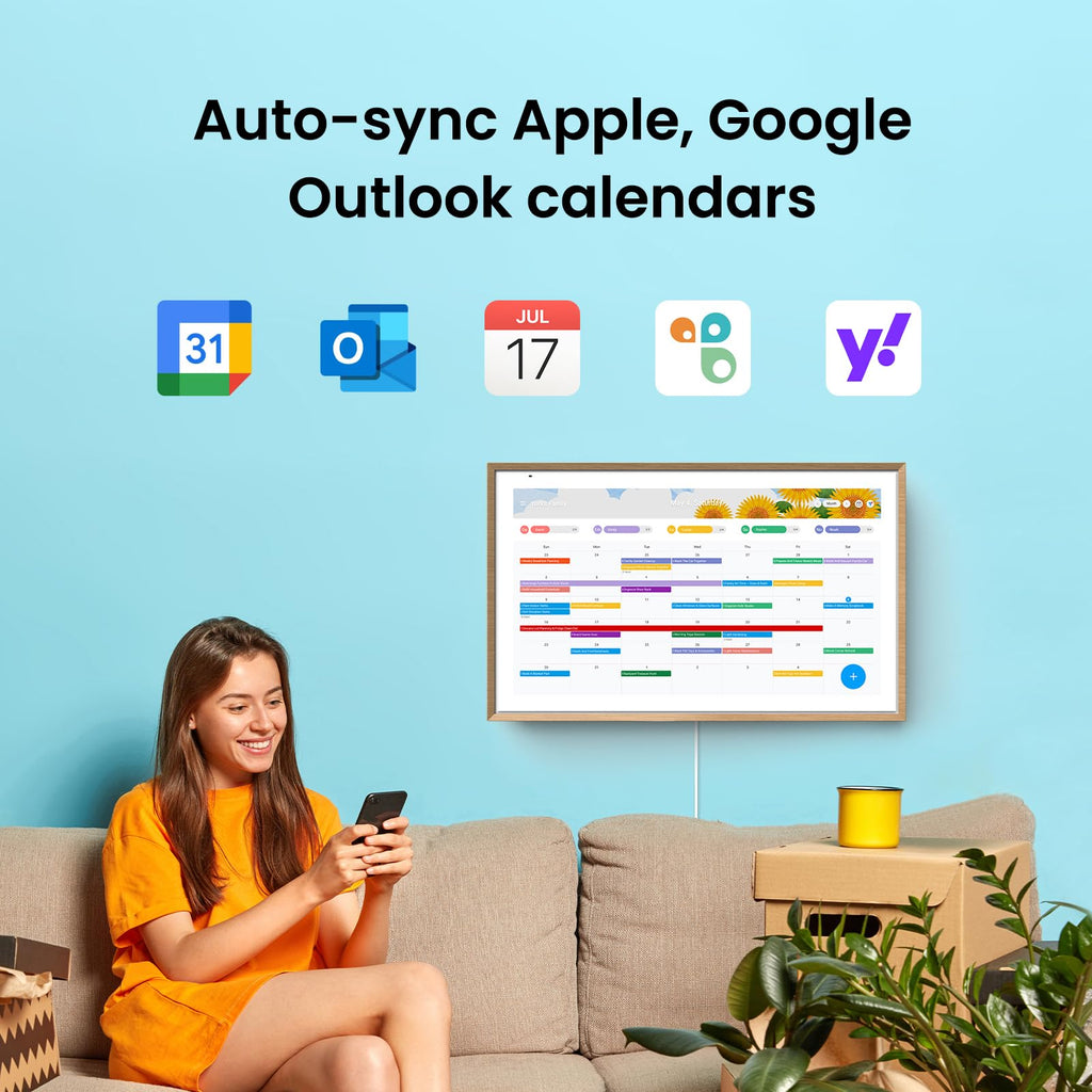 Apolosign 15.6-inch Digital Calendar : Dual Mode Smart Wall Planner, No Subscription, Install Apps, Sync Calendars, Electronic Touchscreen Interactive Display for Family Schedules, Chore Chart - with Stand (Teak)
