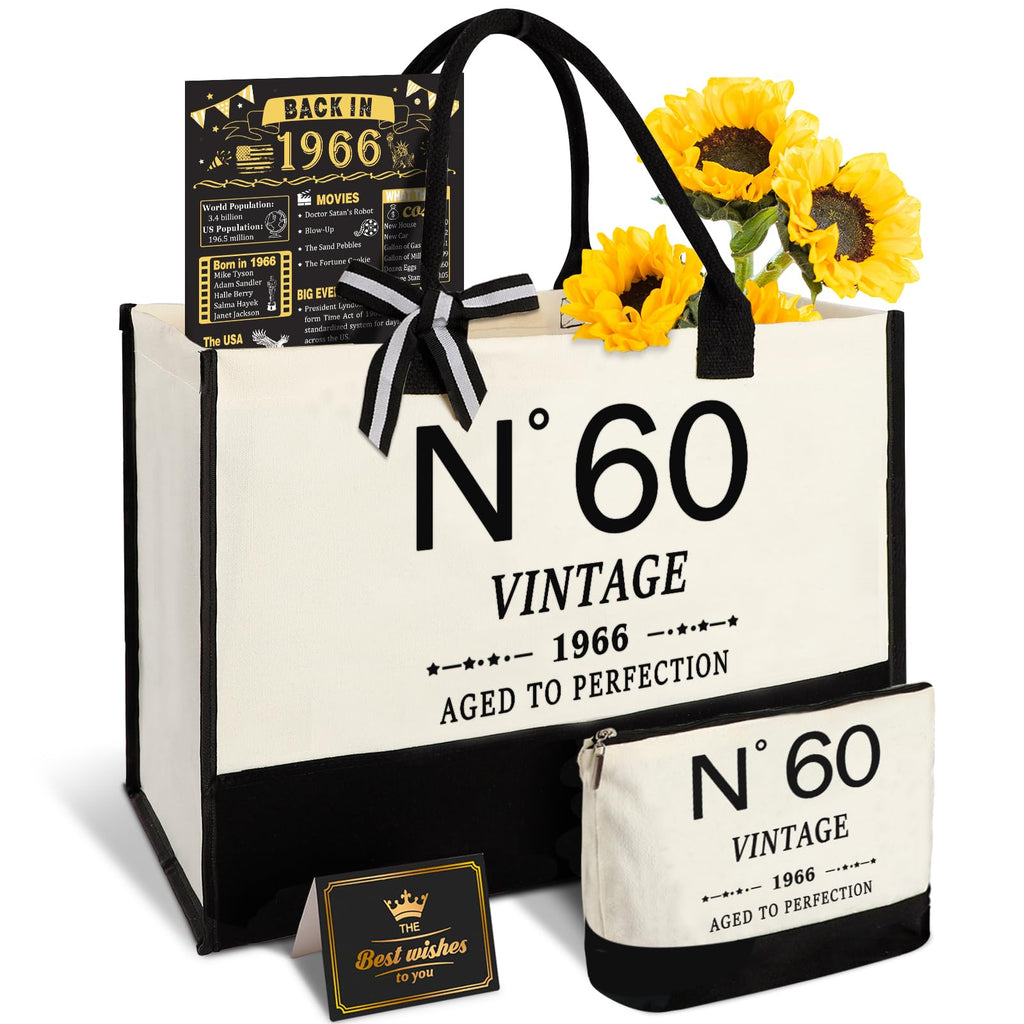 YeohJoy 60th Birthday Gifts for Women Canvas Tote Bag Travel Gear, Unique 60 Years Old Gifts for Wife Mom Sister Aunt Friends Her, Vintage N°60 Handbag & Cosmetic Bag & Back in 1966 Poster