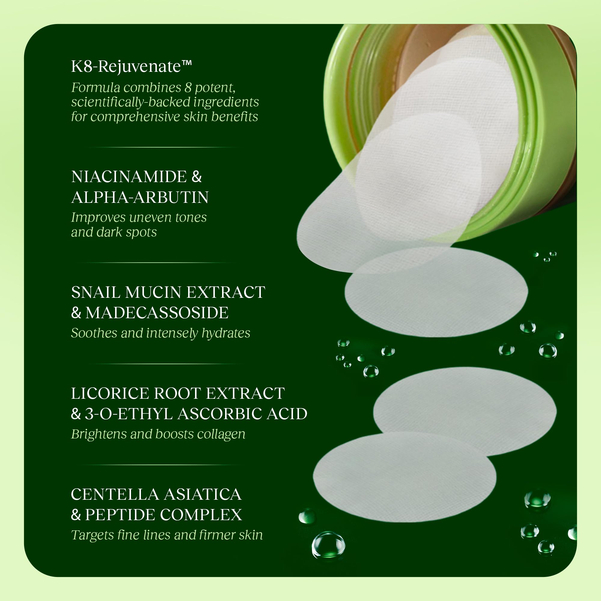 JiYu Toning Polish Pads - Korean Skincare for Dark Spots, Wrinkles & Dull Skin - Hydrating Facial Treatment with Snail Mucin, Niacinamide, Peptides & Centella - 100 Count