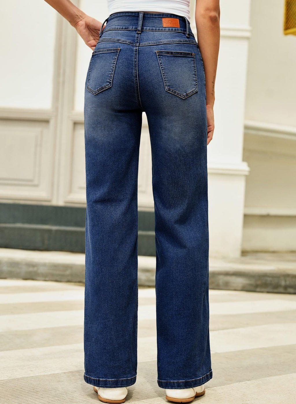 Sidefeel Women's Jeans High Waisted Stretchy Wide Leg Jeans Trendy Seamed Front Straight Leg Loose Denim Pants Bluing Size 10