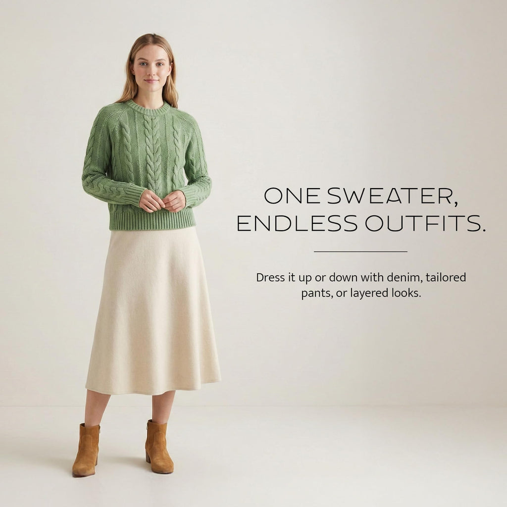 Pendleton Women's Cotton Cable Sweater – 100% Cotton, Classic Crewneck Top, Comfortable and Stylish Sweater with Ribbed Cuffs and Hem - Spruce,SM
