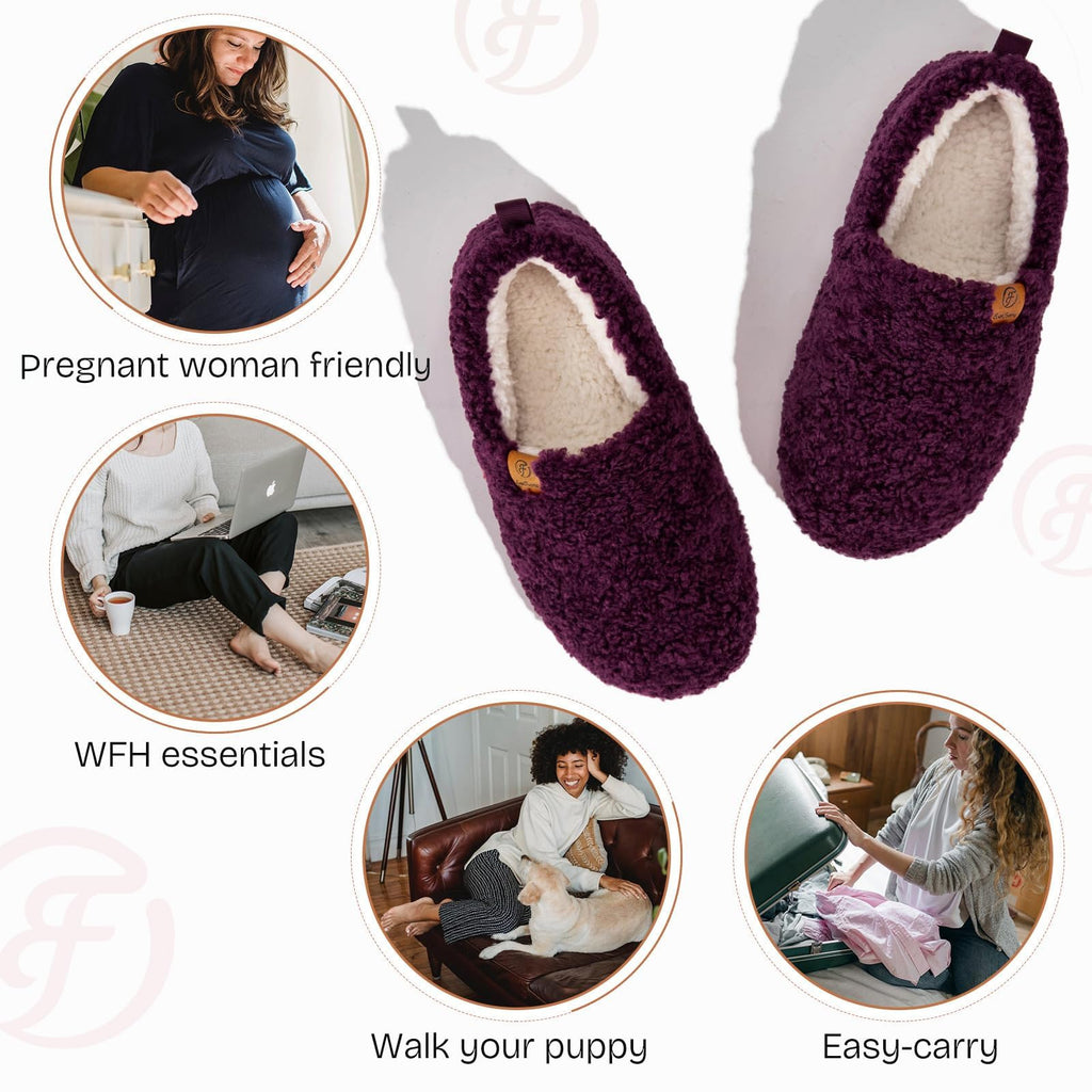EverFoams Women’s Soft Curly Full Slippers Memory Foam Lightweight House Shoes Cozy Loafer with Polar Fleece Lining Dark Aubergine,8.5 US