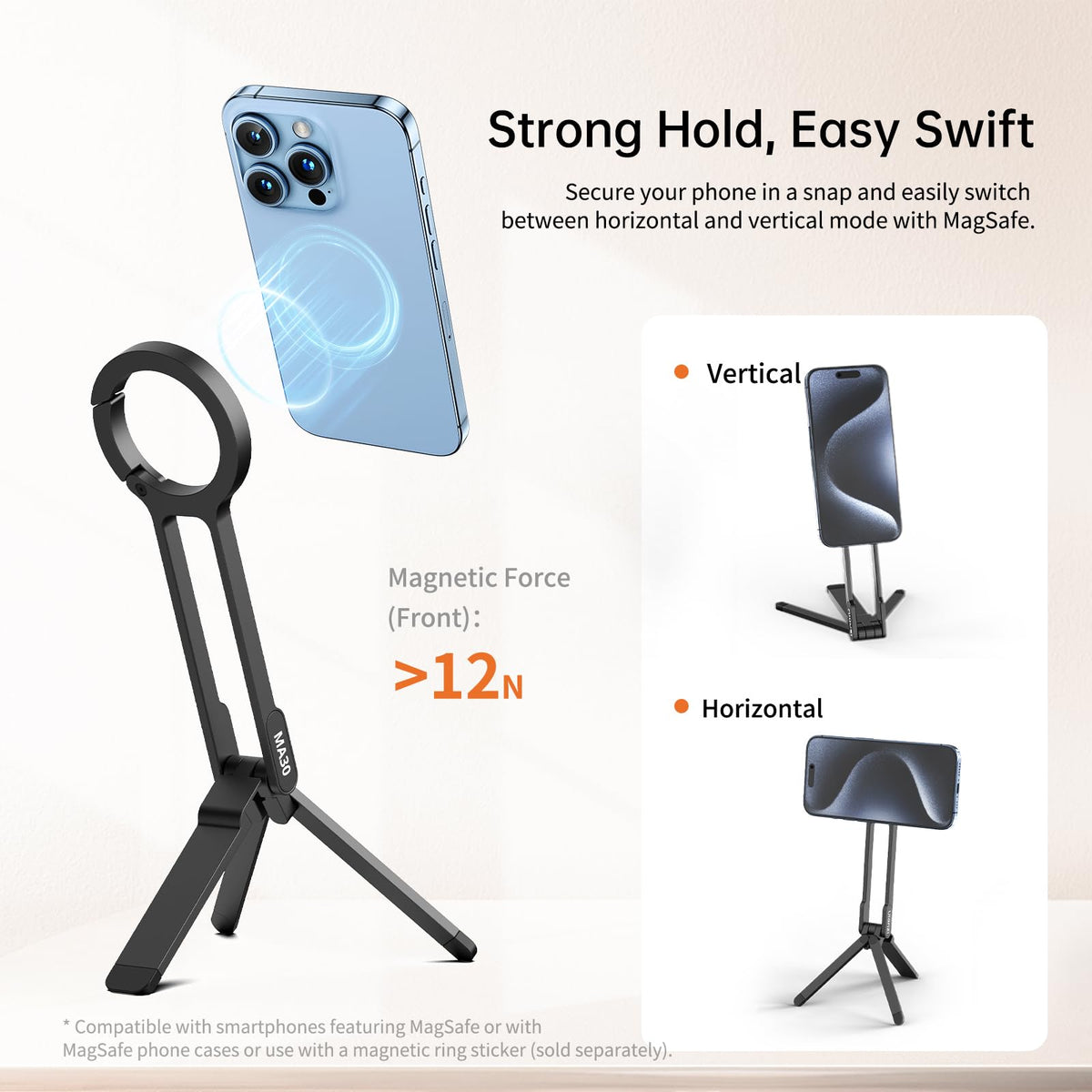 ULANZI MA30 Magnetic Phone Tripod Stand for iPhone - Aluminium Maglock Smartphone Mini Tripod Pocket Cell Phone Stand Strong Magnet Quick Mount Compatible with iPhone 17 16 15 14 13 12 Series, Black