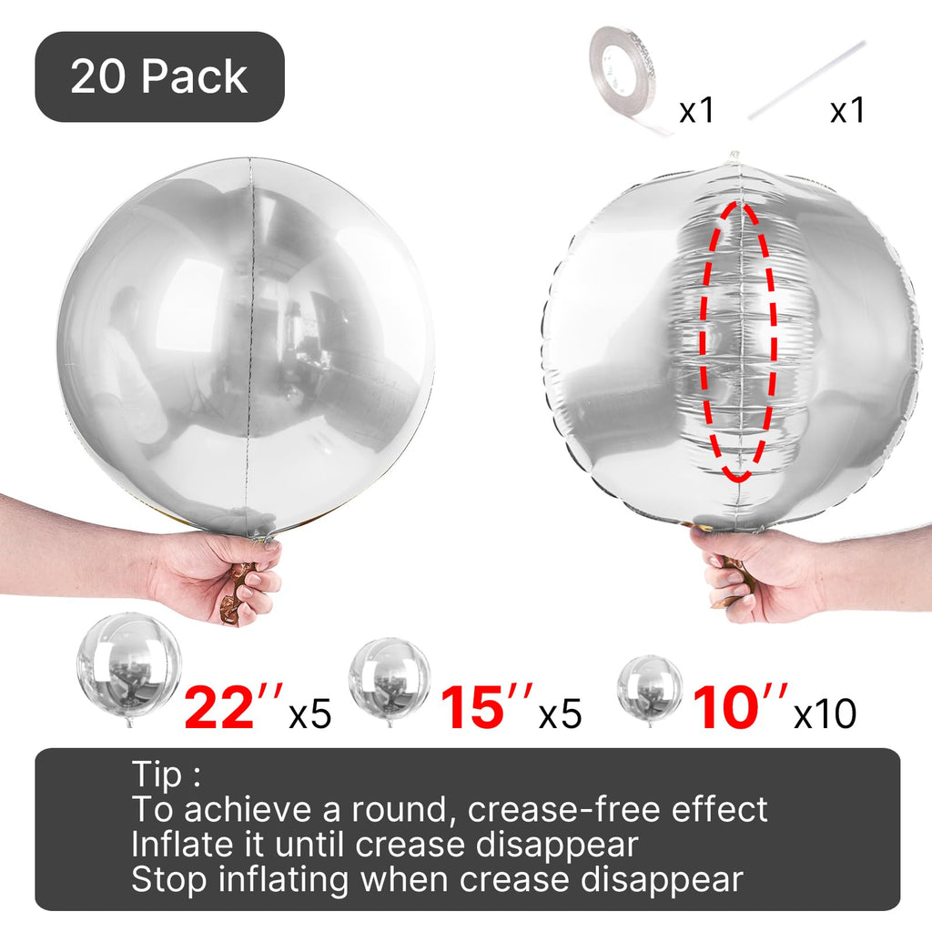 PartyWoo Metallic Silver Foil Balloons 20pcs Different Sizes Pack of 22 15 10 Inch Large Round Foil 4D Inflatable Mirror Ball Mylar Balloons for Graduation Birthday Engagement Party Decorations