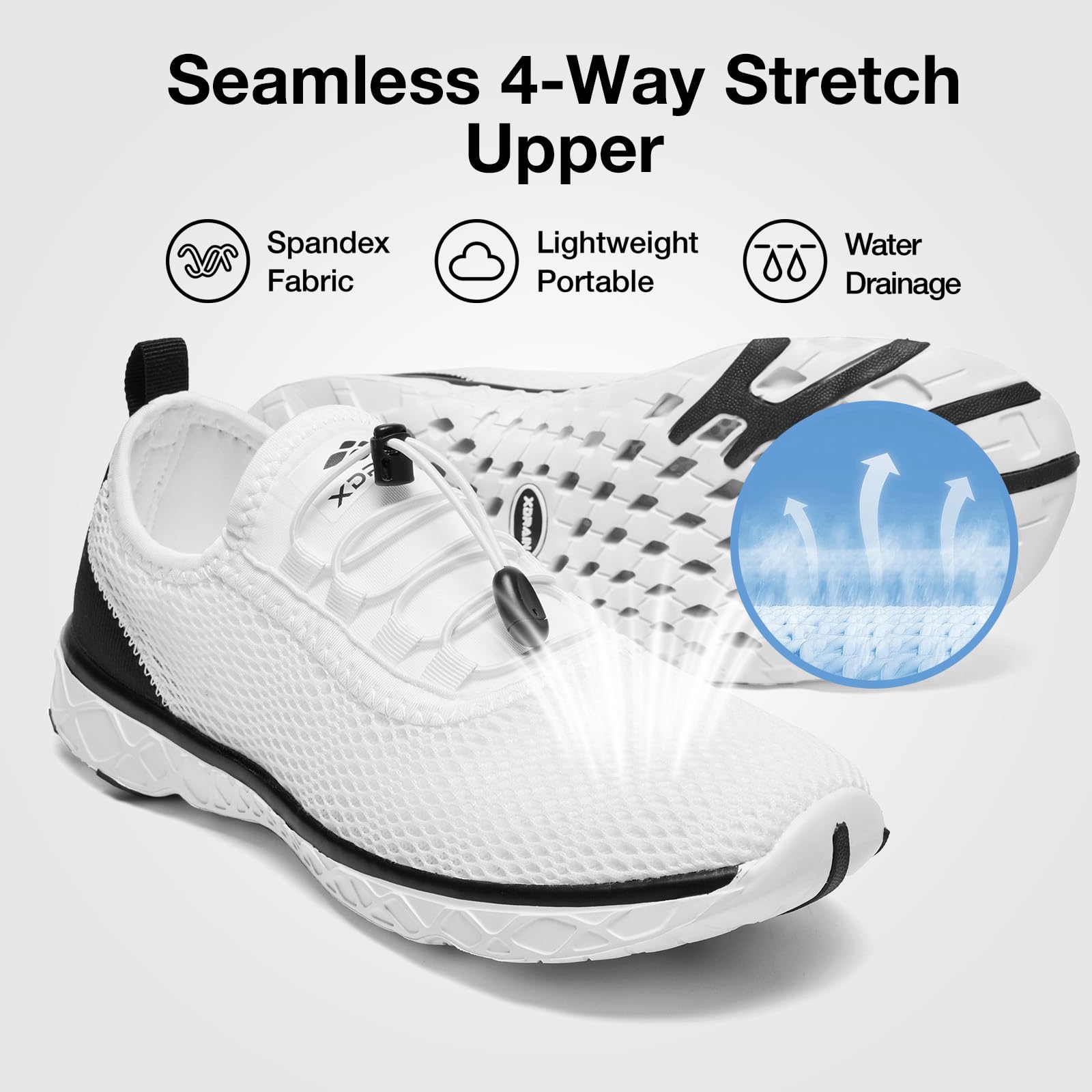 ALEADER Stylish Mens Water Shoes, Xdrain Water Sneakers, Quick-Dry Beach Aqua Hiking Pool Swim Shoes White/Black Size 10.5