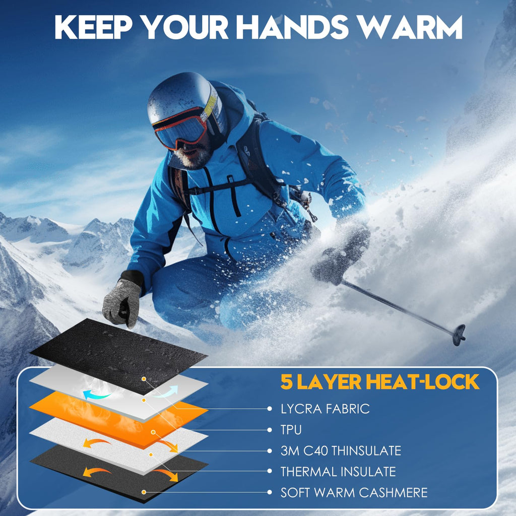 Bruvoalon Winter Gloves for Women & Men, 3M Thermal Insulation, Lycra Fabric, Touchscreen, Anti-Slip, Black/Gray, L