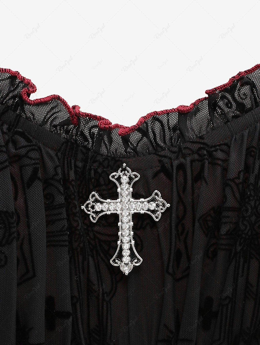 ROSE GAL Women Plus Size Gothic Lace-up Cross Mesh Overlay Lace Panel Ruffles Midi Dress Vinatge Goth Straps A Line Dress(Black_1/4X)