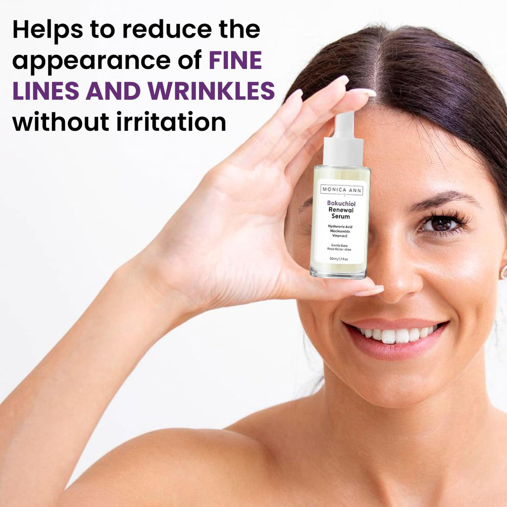 Monica Ann Beauty Bakuchiol Serum – Retinol Alternative with Hyaluronic Acid, Niacinamide & Vitamin C – Anti-Aging, Brightening, Hydrating Face Serum for Fine Lines & Wrinkles (1.7 fl oz)