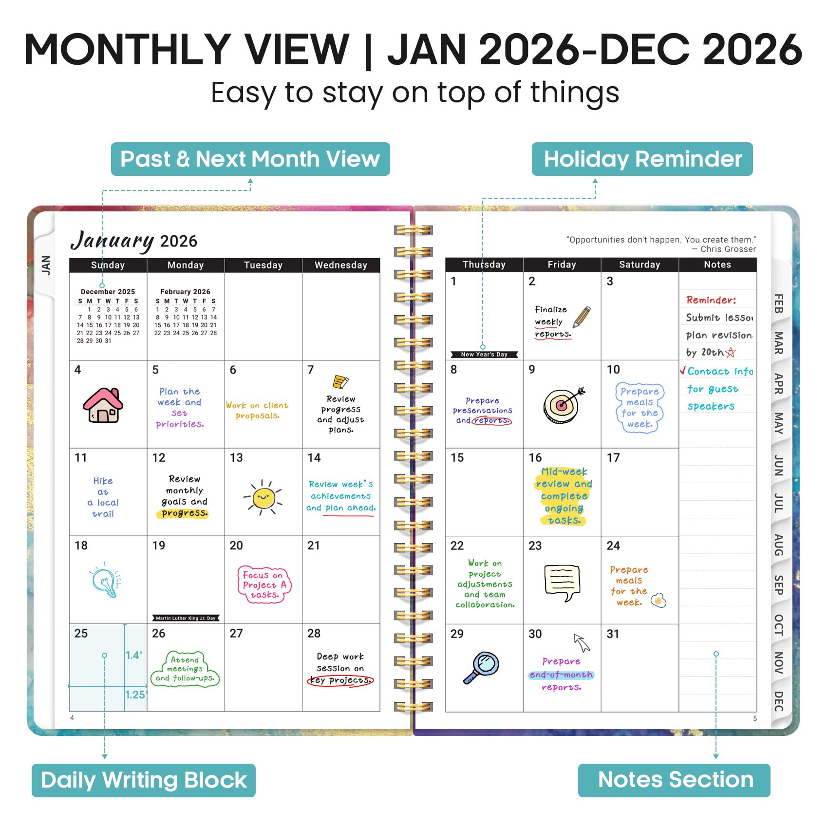 2026 Planner, Weekly and Monthly Calendar Planner Book, January 2026 - December 2026, Hardcover Spiral Planner with Monthly Tabs, Notes Pages, Perfect for Women & Men, A5 (6.4" x 8.5") - Gold