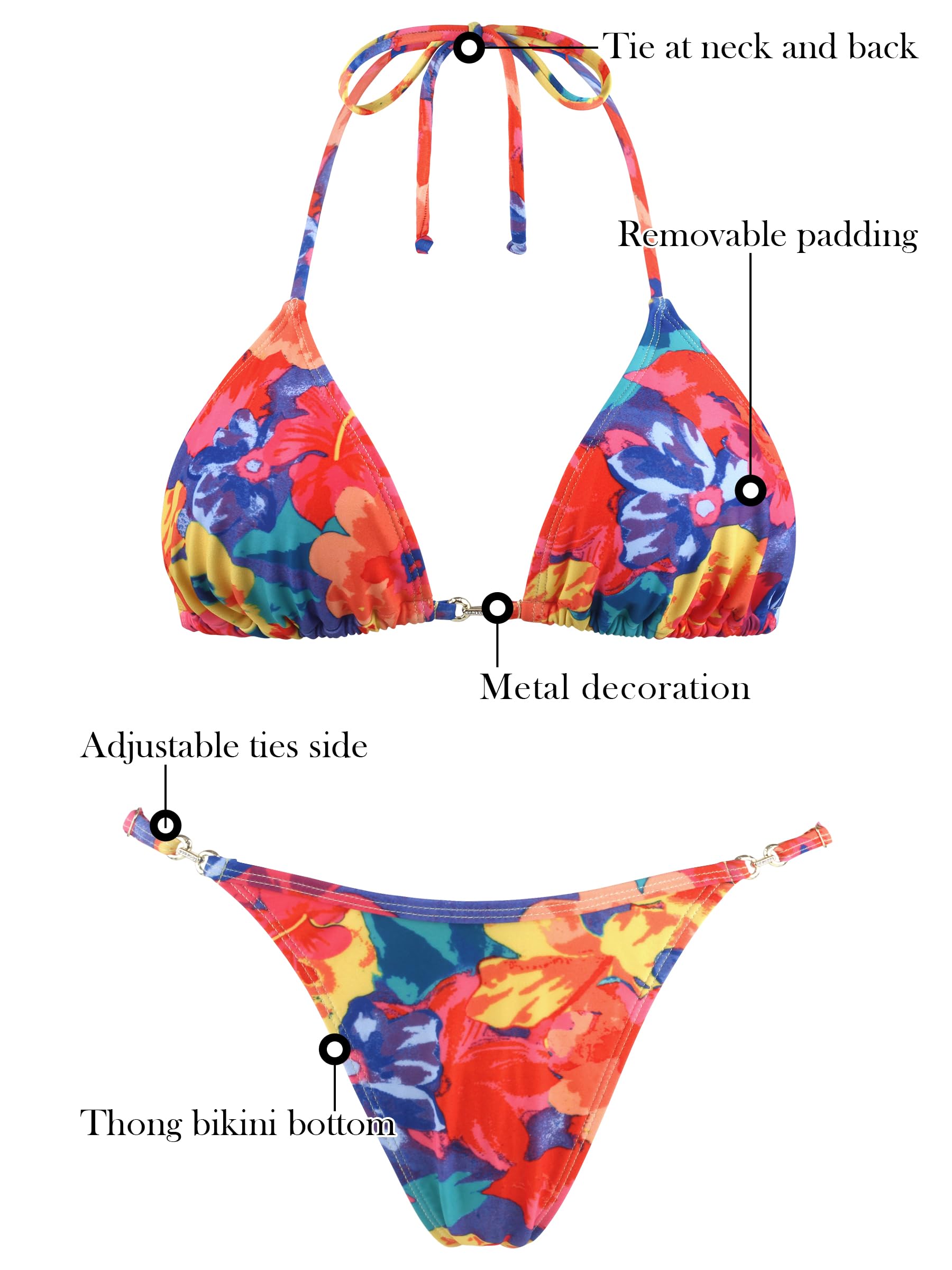 RELLECIGA Women's Thong Bikini Set Triangle Halter Sexy Brazilian Two Piece Swimsuit(Colorful Floral,Large
