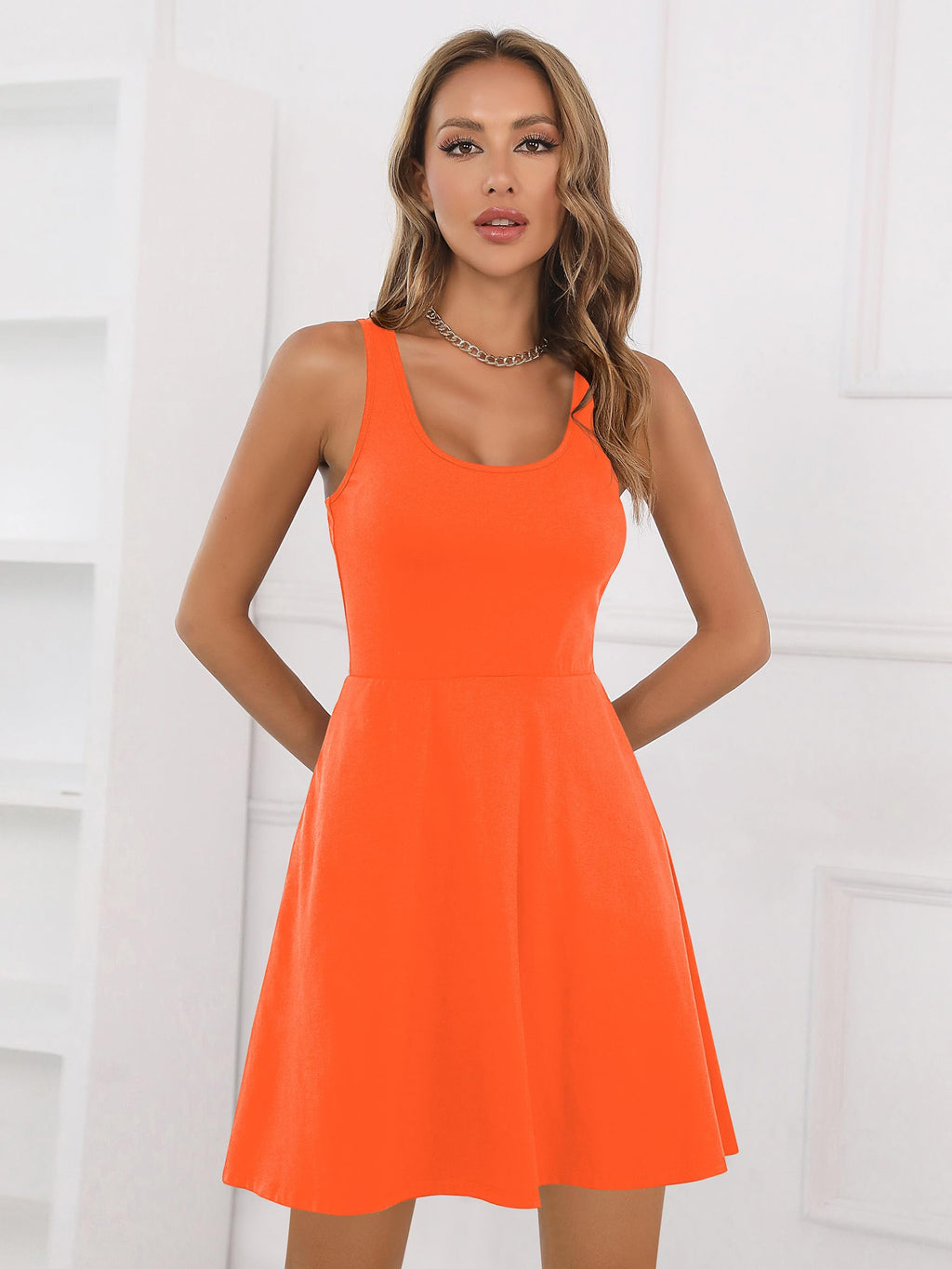 Missufe Women's Sleeveless Racerback Flared Casual Plain Tank Short Dress (Neon Orange, X-Small)