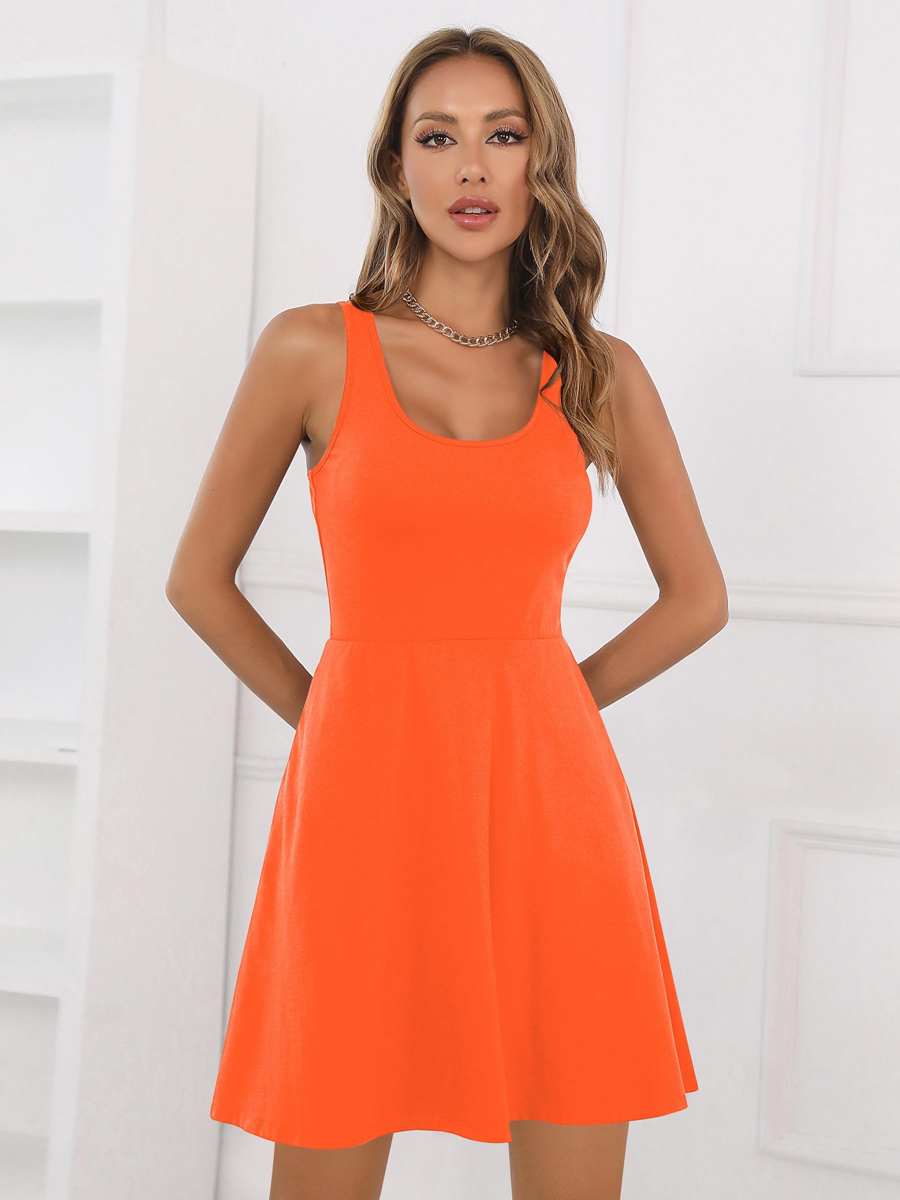 Missufe Women's Sleeveless Racerback Flared Casual Plain Tank Short Dress (Neon Orange, X-Small)