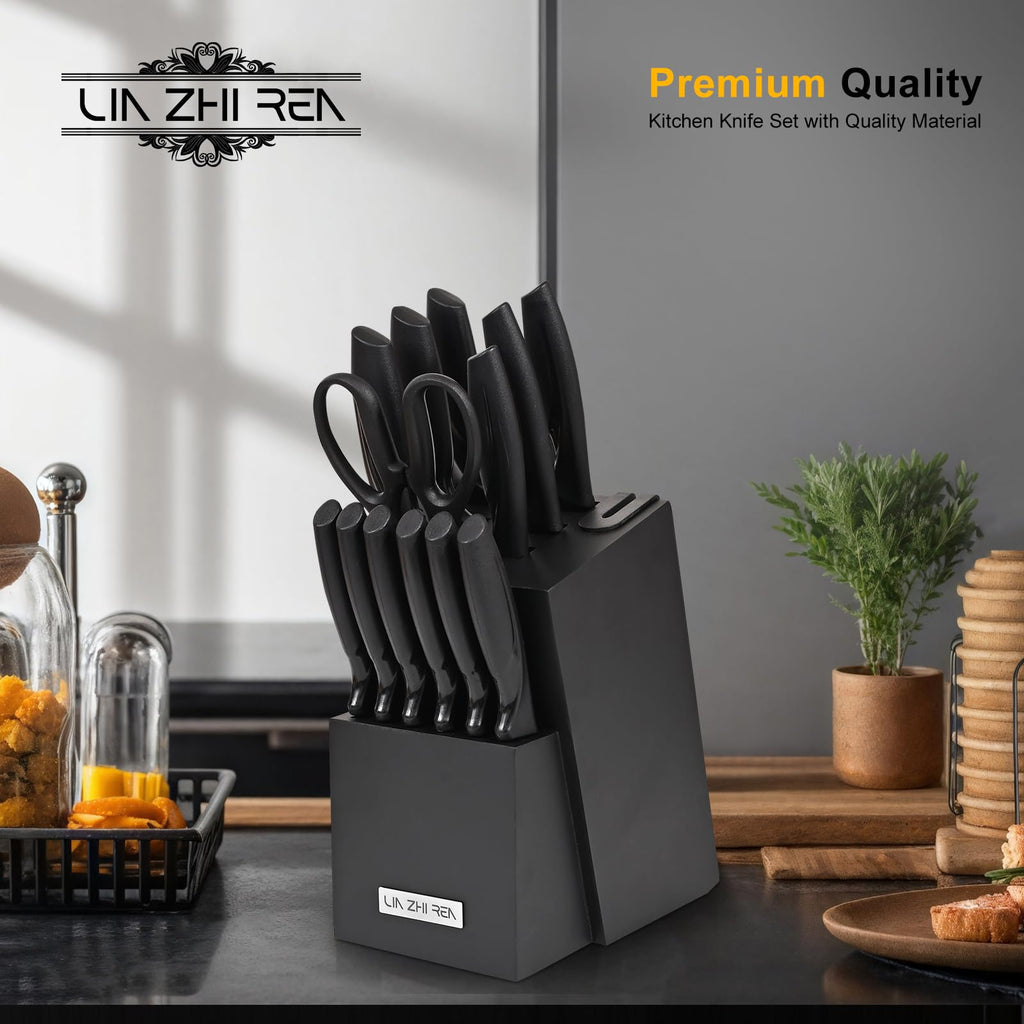 Knife Set, 15 Pieces Kitchen Knife Sets with Block, Built-in Sharpener, Dishwasher Safe, Ergonomic Handle, Knife Block Set for Chopping, Slicing, Dicing & Cutting, Black
