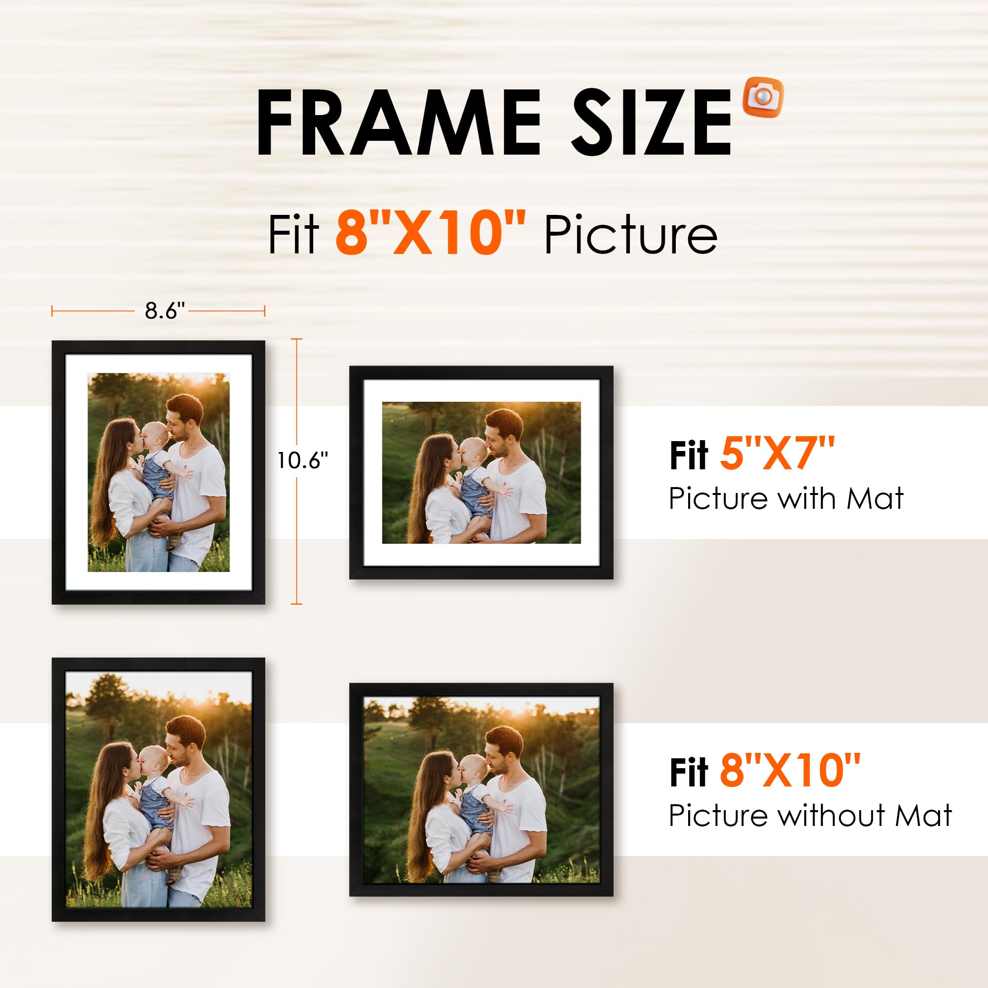 FIXSMITH 8x10 Picture Frame Set of 2, Photo Frame with HD Plexiglass, Display Pictures 5x7 with Mat or 8x10 Without Mat Multi Picture Frames Collage for Tabletop or Wall Display, Black