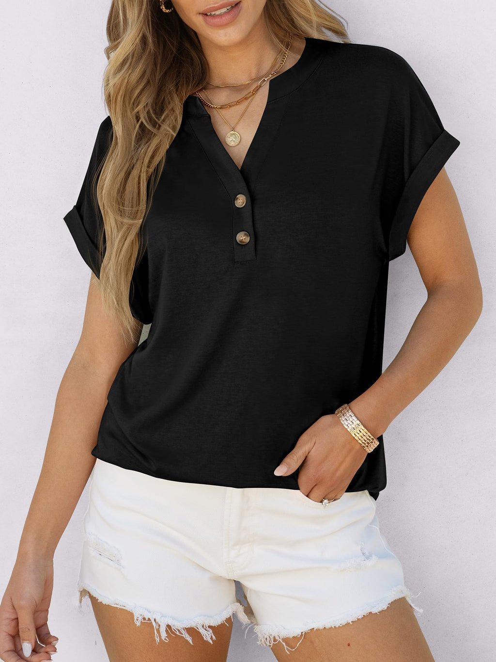 ANRABESS Womens Short Sleeve Henley Tops V Neck Dressy Casual Blouses Summer Trendy Tee Shirts 2026 Vacation Fashion Clothes Black XL