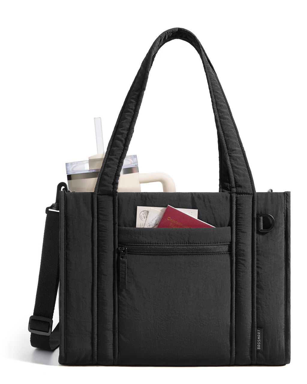 BAGSMART Boxy Tote Bag for Women, Crossbody Bag with Zipper, Crush Bow Purses for Travel Work College, Jet Black, Large