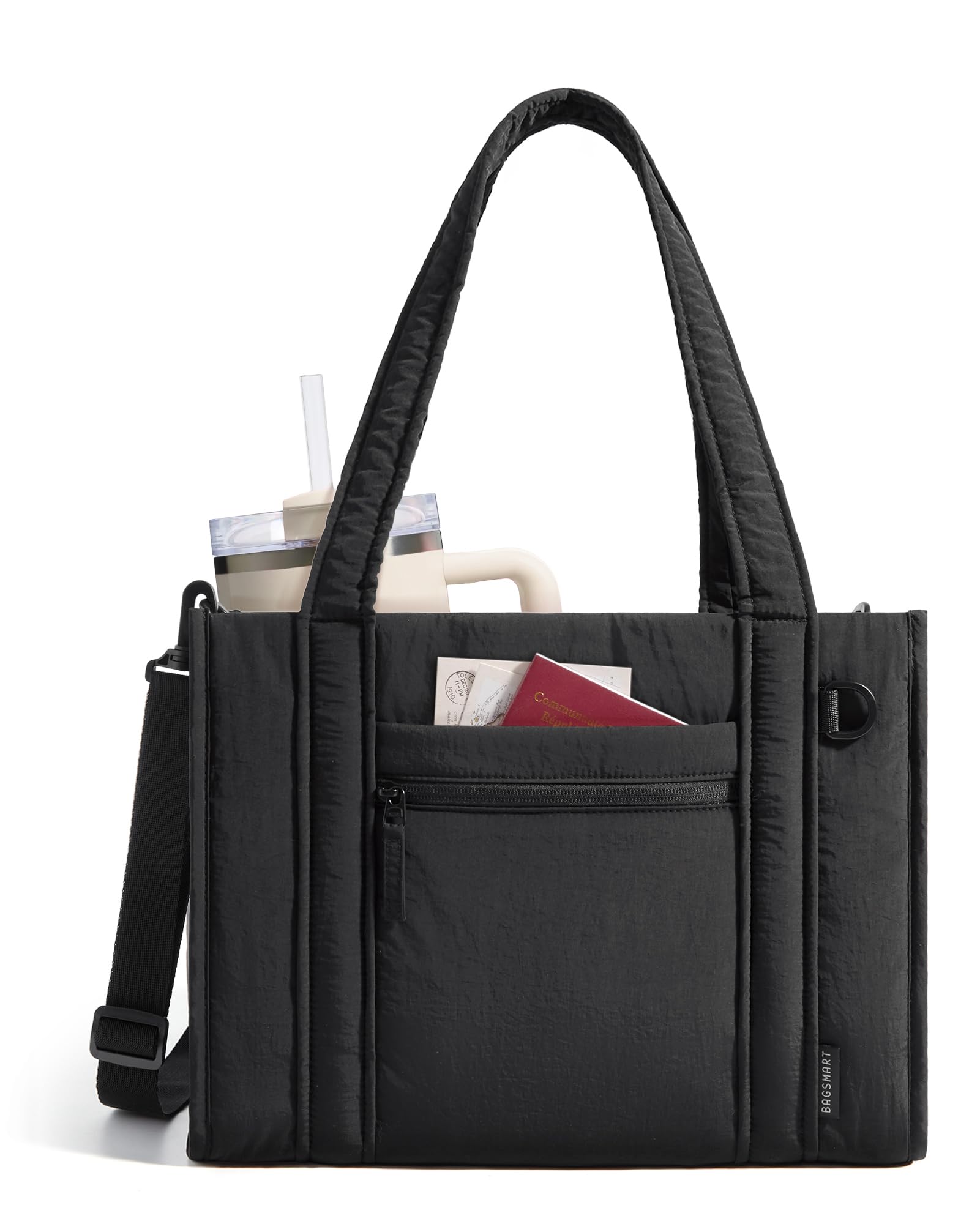 BAGSMART Boxy Tote Bag for Women, Crossbody Bag with Zipper, Crush Bow Purses for Travel Work College, Jet Black, Large