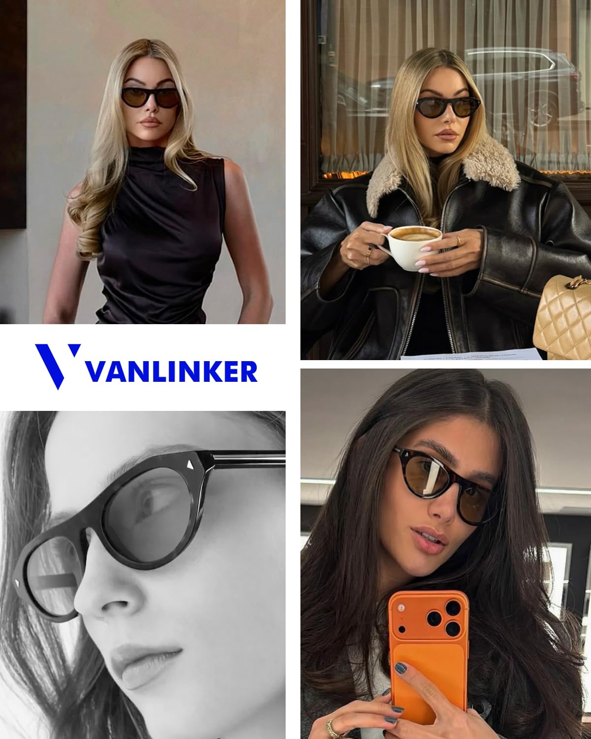 VANLINKER Retro Small Oval Sunglasses for Women Men Trendy Narrow Round Cateye Shades VL9915,Black