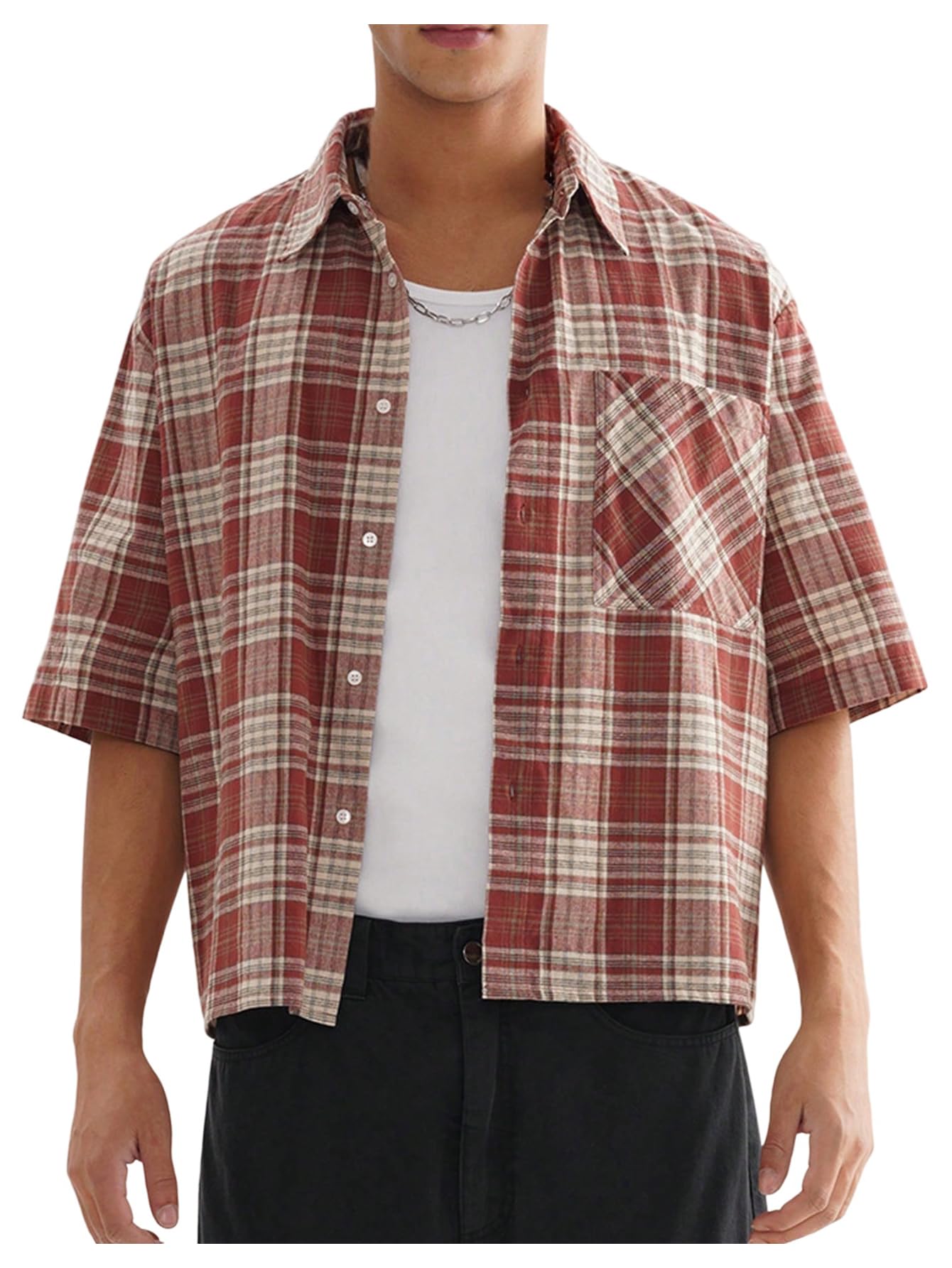 GORGLITTER Men's Gingham Cropped Shirt Plaid Button Up Short Sleeve Checkered Vintage Streetwear Crop Tops Tee Red Large