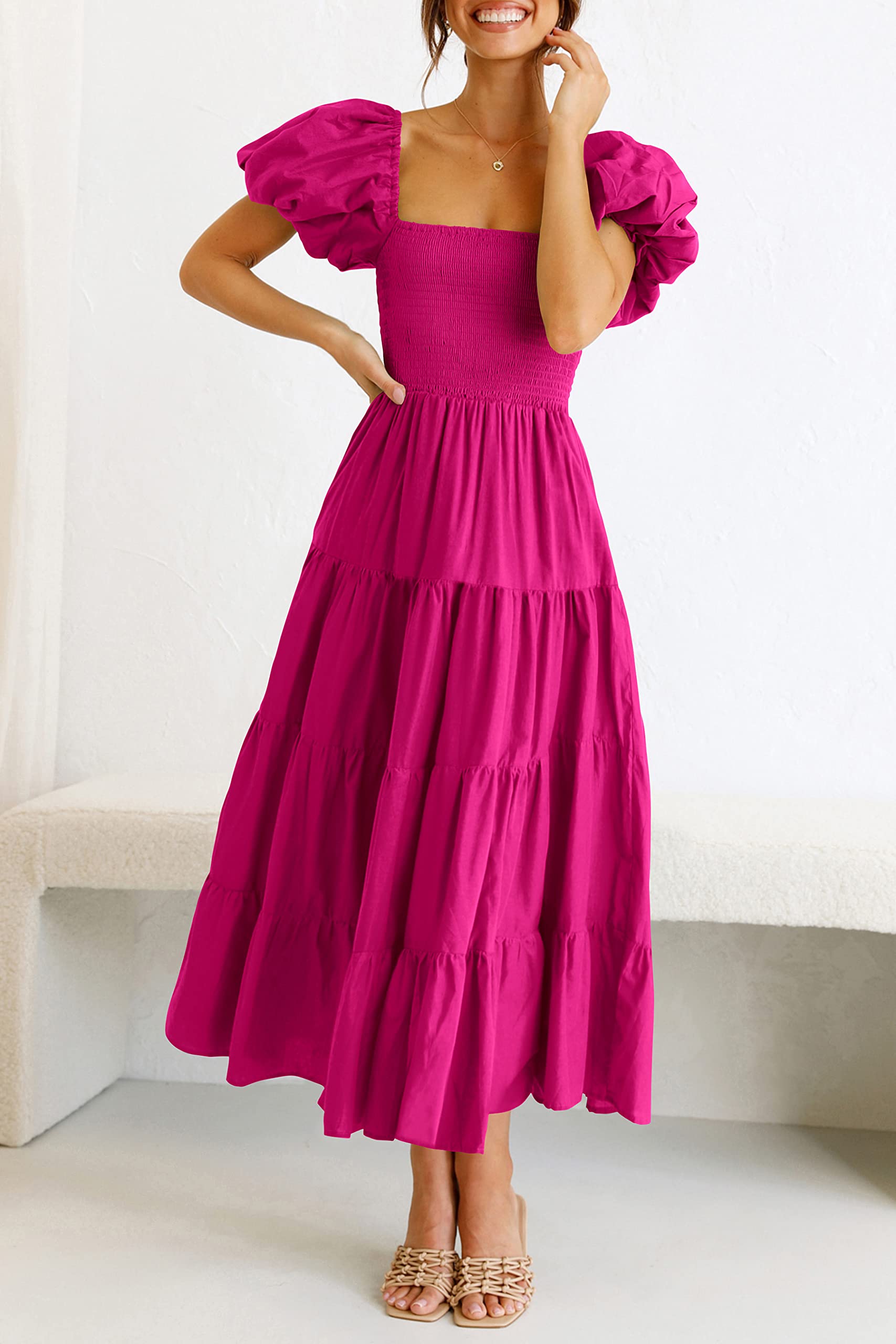 PRETTYGARDEN Women's Casual Summer Midi Dress Puffy Short Sleeve Square Neck Smocked Tiered Ruffle Dresses, Lightweight (Dark Rose Red,Small)