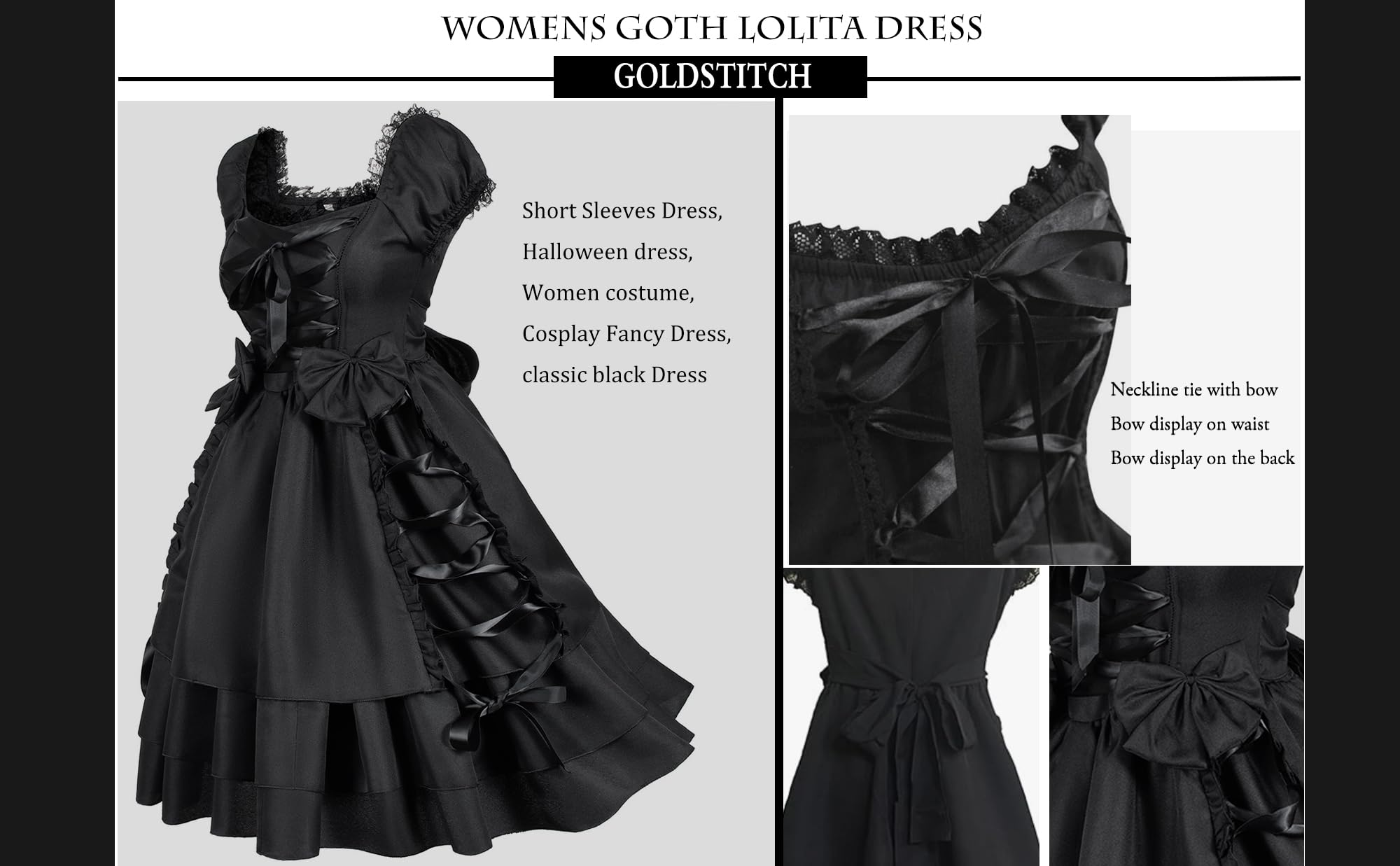 GOLDSTITCH Womens Gothic Lolita Dress Classic Black Layered Lace-up Fancy Dress Costume