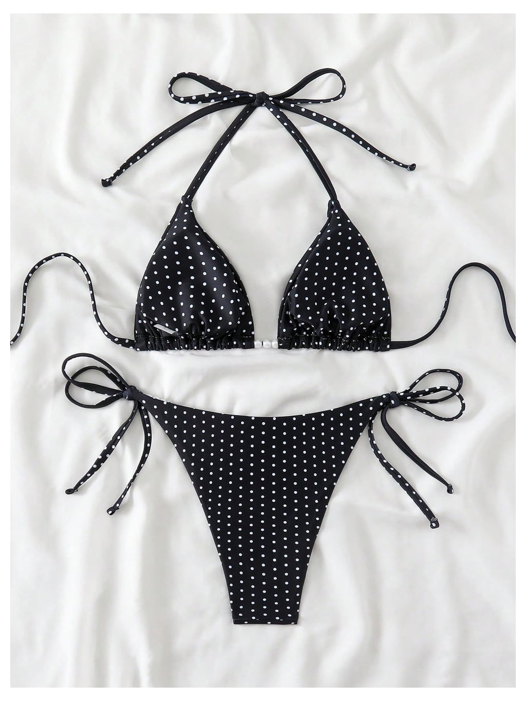 WDIRARA Women's Polka Dots Bikini Sets Halter Triangle String Swimsuit Tie Side 2 Piece Bathing Suit Black and White Medium