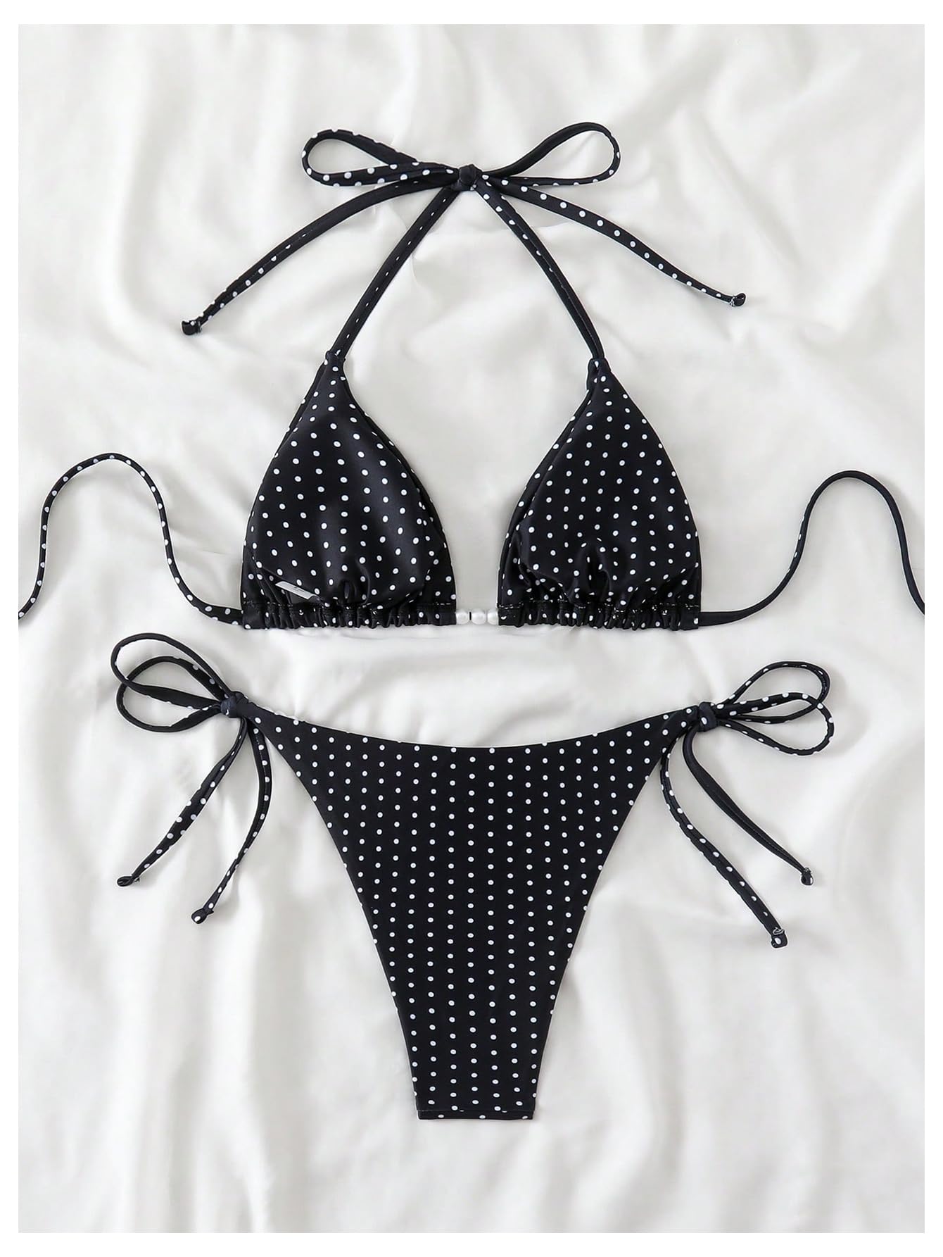 WDIRARA Women's Polka Dots Bikini Sets Halter Triangle String Swimsuit Tie Side 2 Piece Bathing Suit Black and White Medium