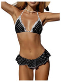 WDIRARA Women's Polka Dots Bikini Sets Ruffle Triangle 2 Piece Swimsuit Tie Backless Bathing Suit Black and White X-Small