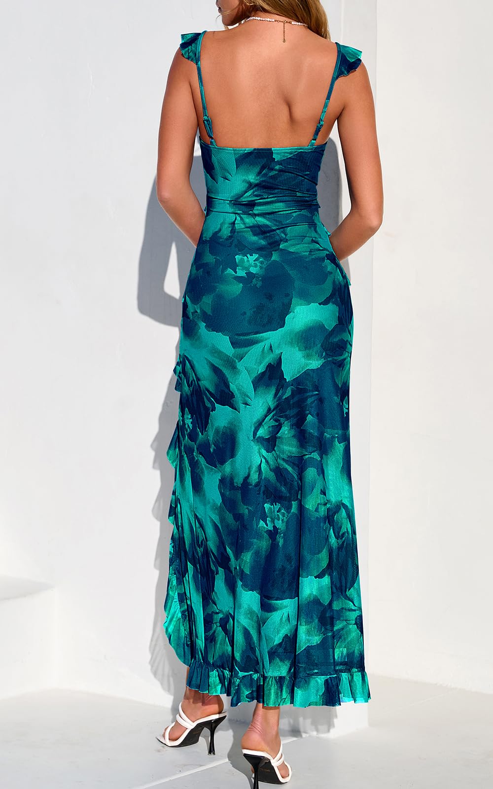 PRETTYGARDEN Spaghetti Strap Sleeveless Floral Wedding Guest Dresses for Women 2026 Summer Mesh Fitted Slit Cocktail Dress (Lake Blue Floral, X-Large)