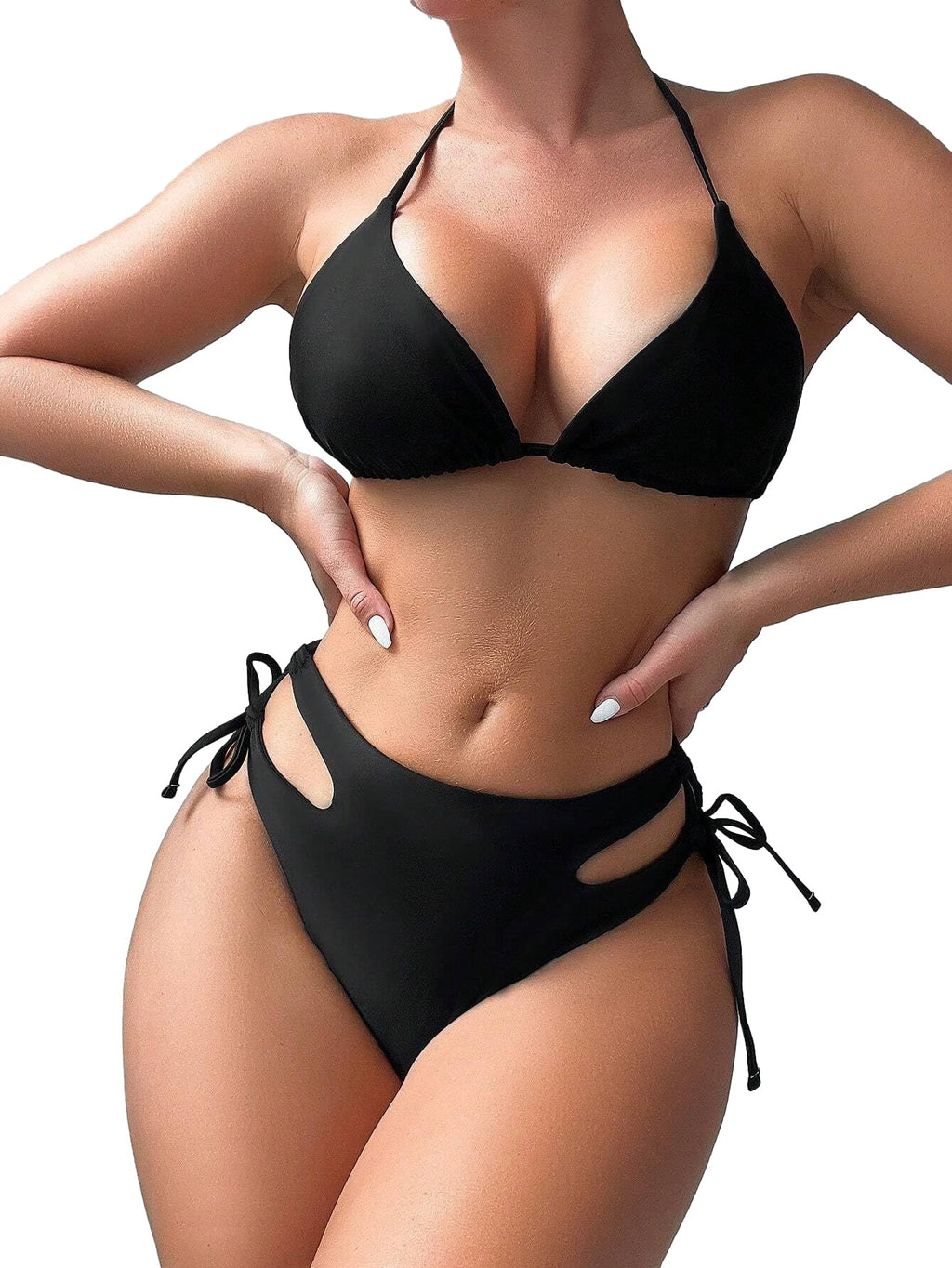 Lilosy Pattern Drawstring Tie Side Bikini Set Srting Swimsuit Short Sleeve Mesh Sheer Cover Up Halter Triangle Top and Cutout Bottom Beach 3 Piece Women Sporty Bathing Suit Black Medium