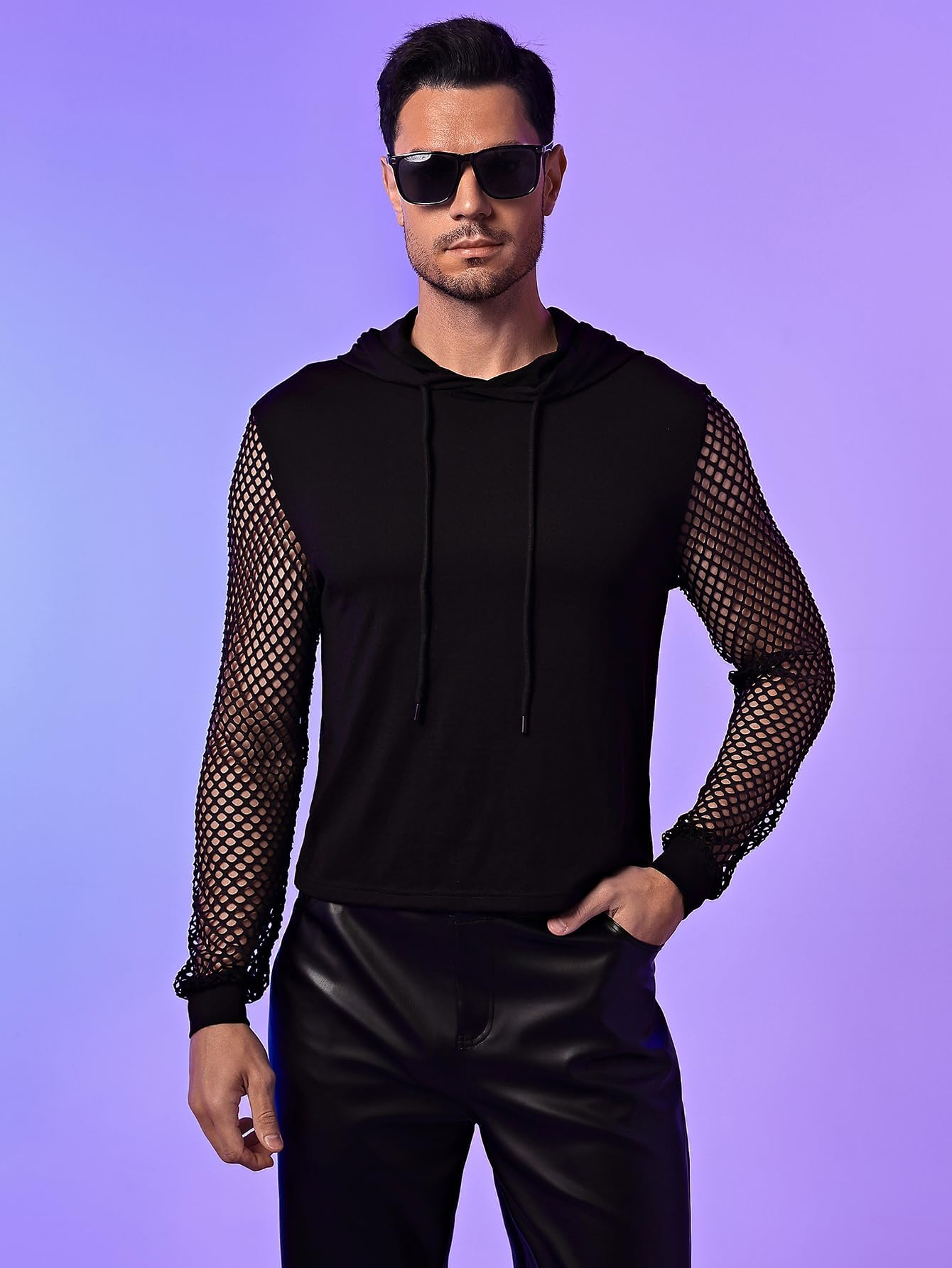 WDIRARA Men's Fishnet Mesh Long Sleeve Drawstring Crop Hoodie Sweatshirt Pullover Black Solid XX-Large