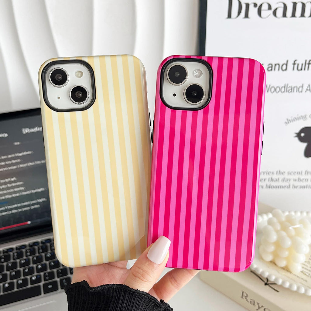 CHEDEMK Compatible with iPhone 15 Case, Cute Fashion Aesthetic Striped Pattern Cover for Women, Shockproof Soft TPU and Hard PC Protective Phone Case for iPhone 15 6.1"- Pink