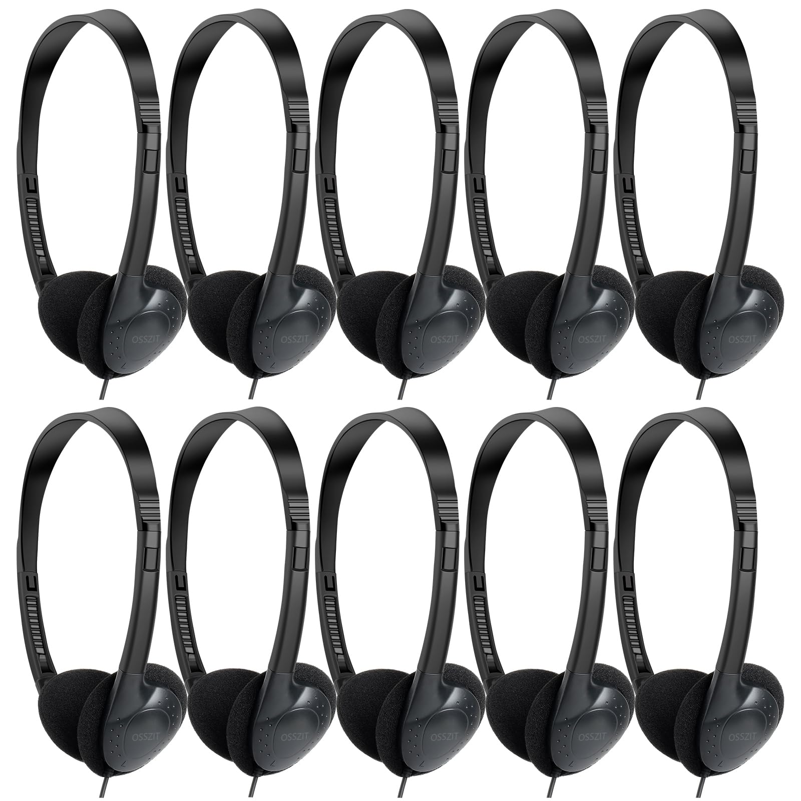 OSSZIT 30 Pack Class Set Headphones for Kids Students School Classroom Headphones Bulk Earphones Adjustable with 3.5 mm Jack for Library Children Adults (Black Color)