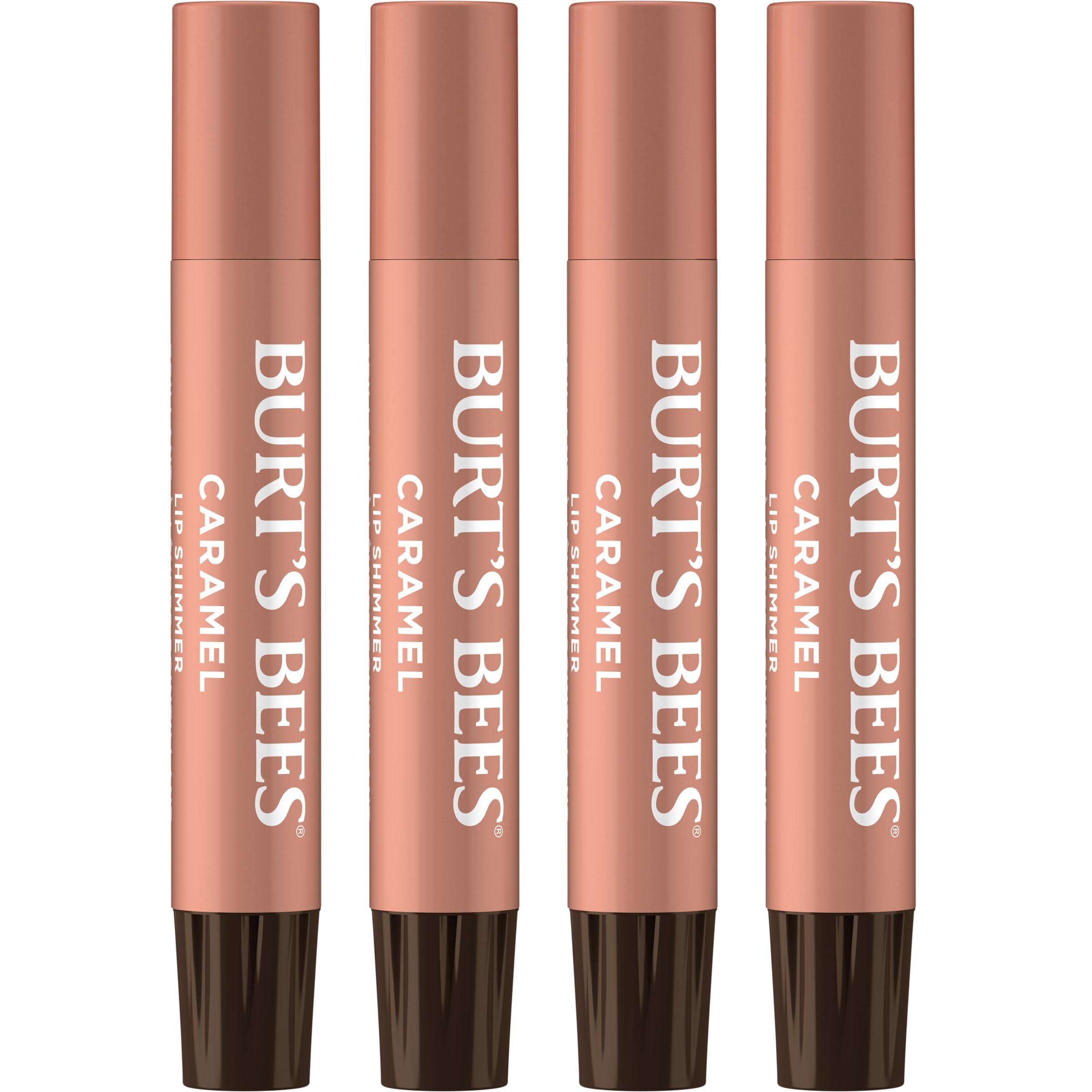 Burt's Bees Shimmer Lip Tint Set for Valentine's Day Gifts, Tinted Lip Balm Stick, Moisturizing for All Day Hydration with Natural Origin Glowy Pigmented Finish & Buildable Color, Caramel (4-Pack)
