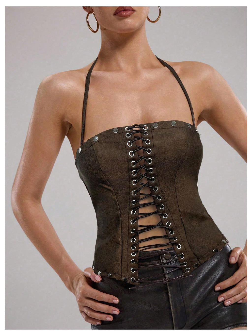 WDIRARA Women's PU Leather Lace Up Halter Top Vintage Western Sleeveless Backless Camisole Tops Dark Brown Small