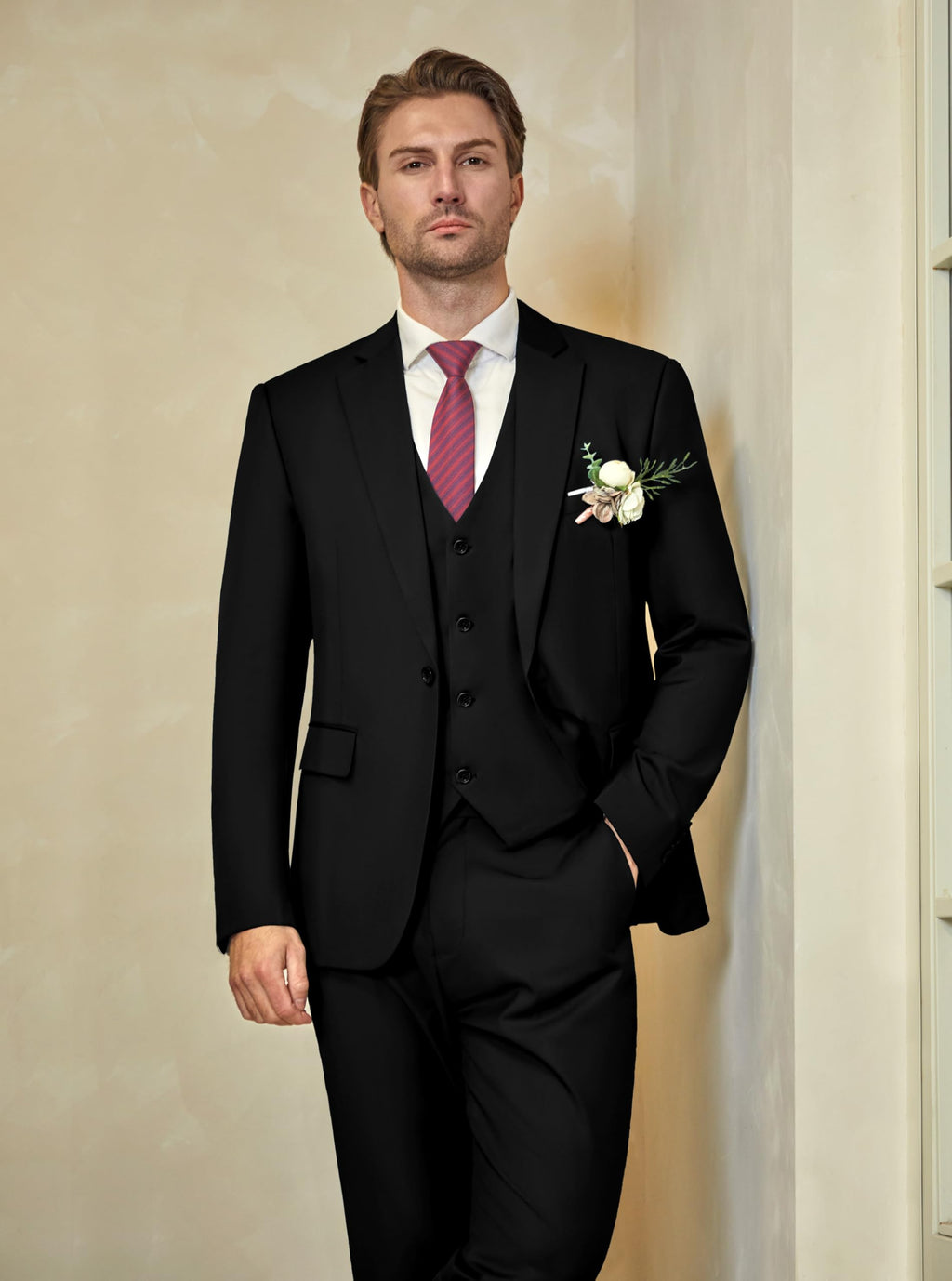 WULFUL Men’s Slim Fit Suit One Button 3-Piece Blazer Dress Business Wedding Party Jacket Vest & Pant Black