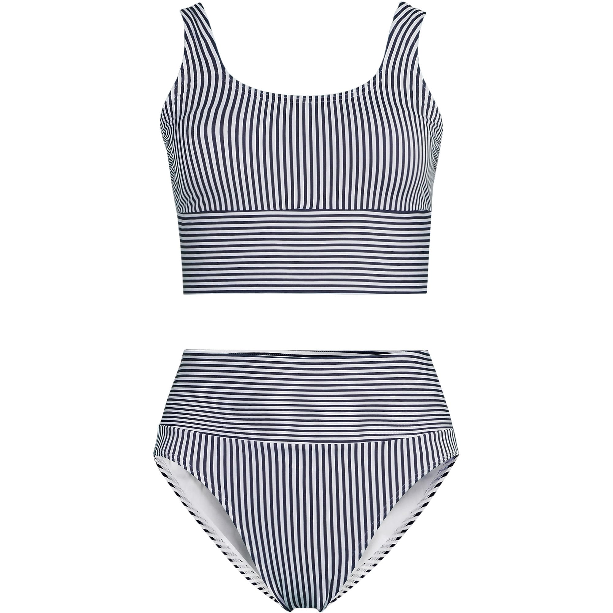 Lands' End Women's Tugless Midkini Top and High Waisted Bottom Swimsuit Set X-Small Deep Sea Navy Mini Stripe