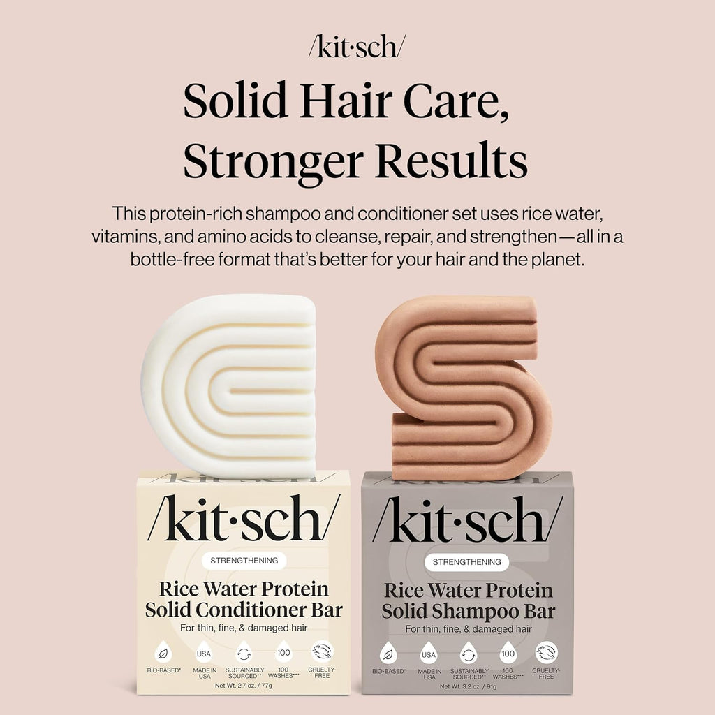 Kitsch Rice Water Shampoo & Conditioner Set – Solid Shampoo & Conditioner Bar with Protein for Hair Growth, Strengthening Hair & Damage Repair – Paraben, Sulfate & Silicone Free – 2 Pack