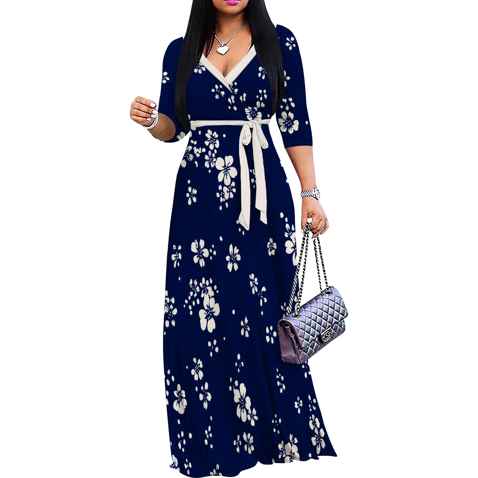 PinkPatty Plus Size Maxi Dress for Women 3/4 Sleeve V Neck Printing Dress Wedding Guest Sundress with Belt (A-Navy Blue/White2XL)
