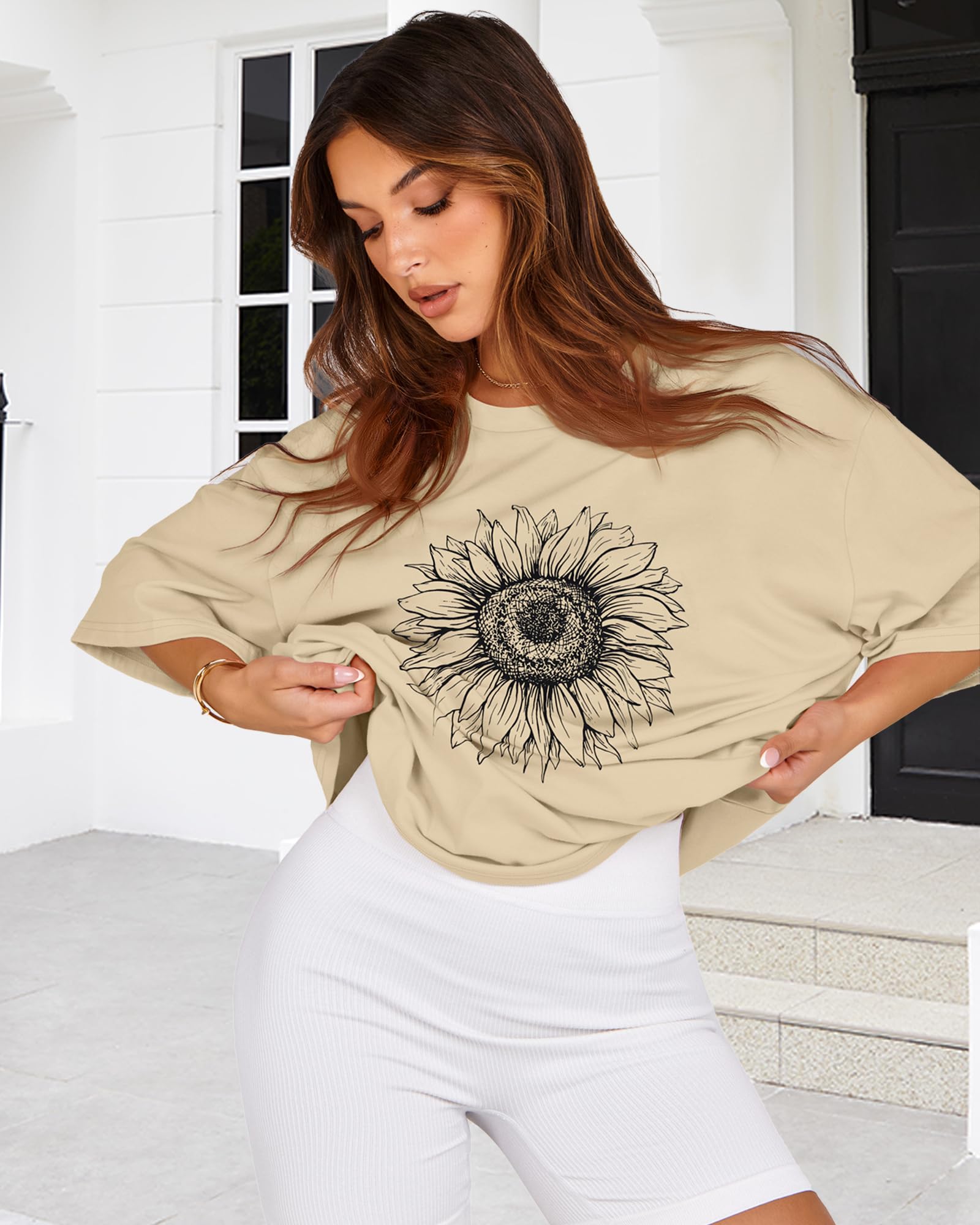 Womens Oversized Tshirt Graphic Tees Crew Neck Summer Short Sleeve Loose Fit Tops (A-Sunflower Print Khaki, L)