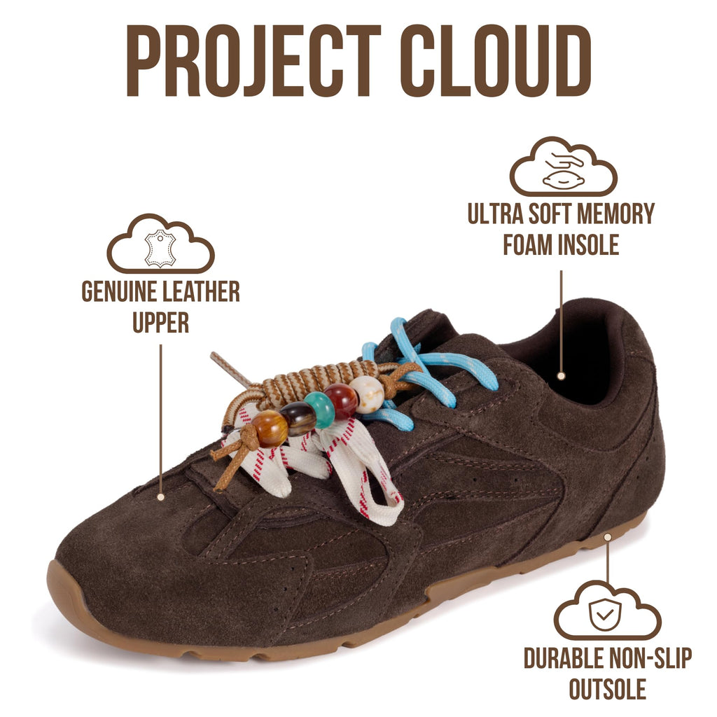 Project Cloud Leather Barefoot Shoes Women – Memory Foam Lace-Up Womens Sneakers – Lightweight & Non Slip Womens Shoes Casual – All-Day Women's Fashion Sneakers for 2026 (Roma, CHOBRWNSDE,5.5M)